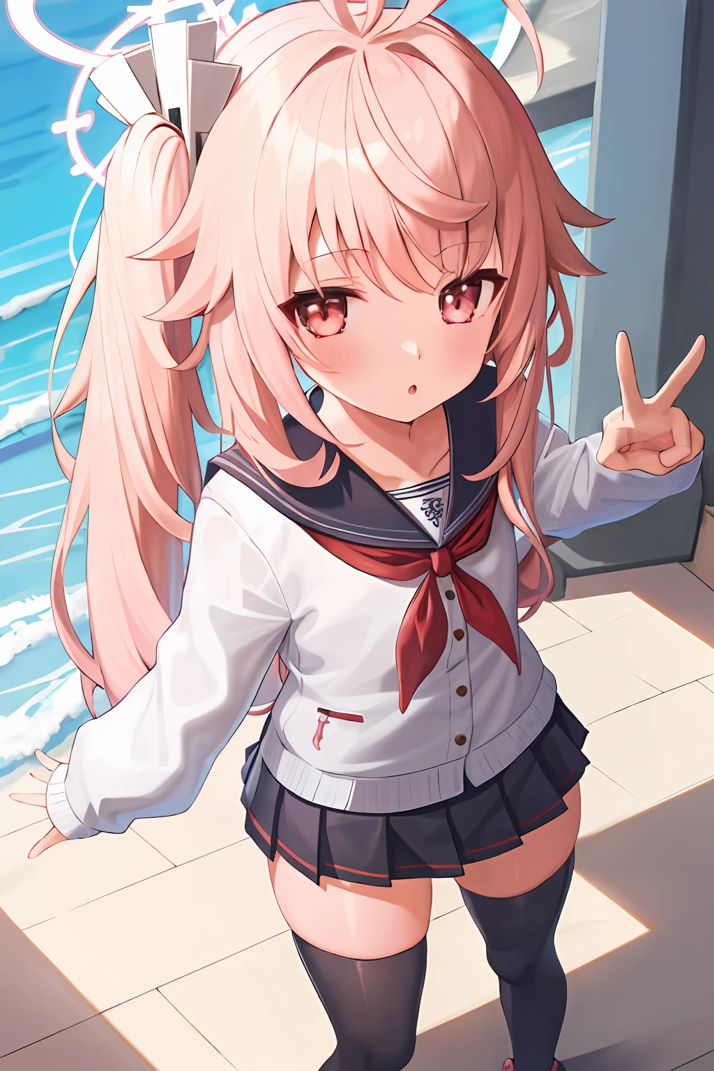 1girl, natsu,pink hair, halo, ahoge,side ponytail, long hair,ahoge,hair ornament,
long hair,long sleeves,sailor collar,school uniform,serafuku,skirt,thighhighs,black thighhighs,red neckerchief,
(dynamic pose,:1.3),from above,
