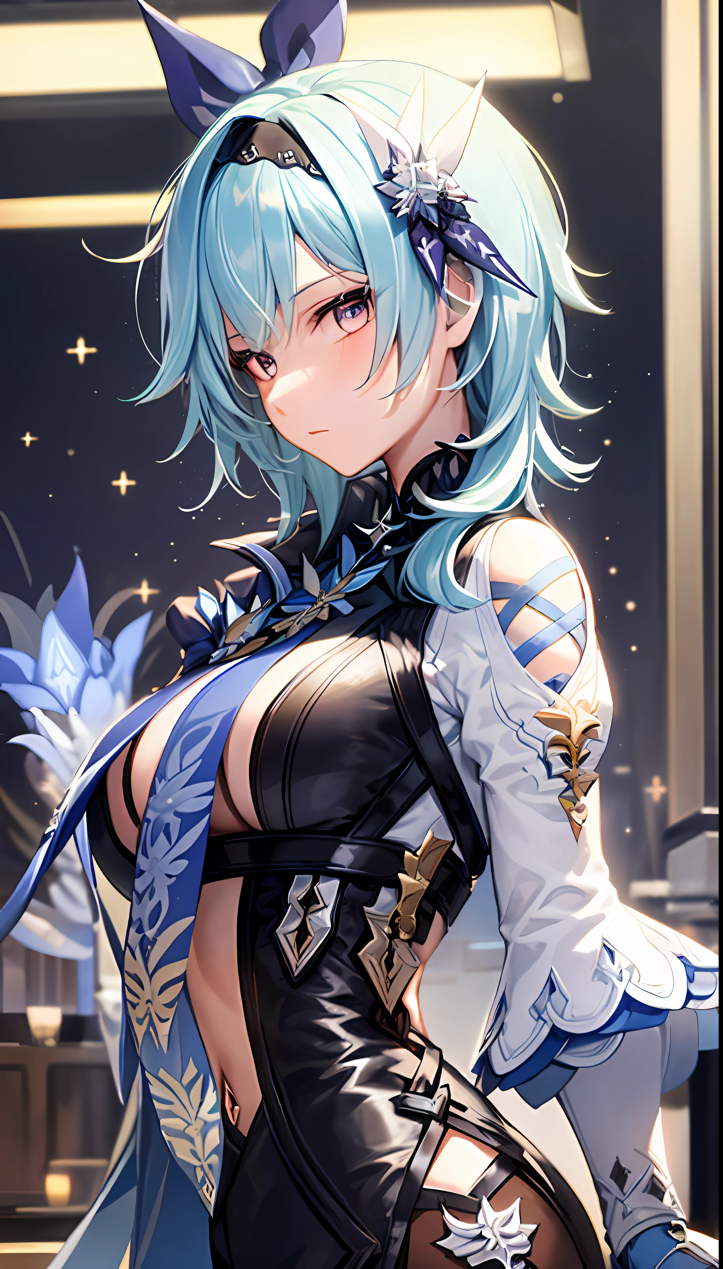 Mast, best quality, 1 girl, eula \ (Genshin Impact), blue hair, blond eyes, short hair, headband, hair accessories, looking at the audience, from the side, detailed eyes, large breasts