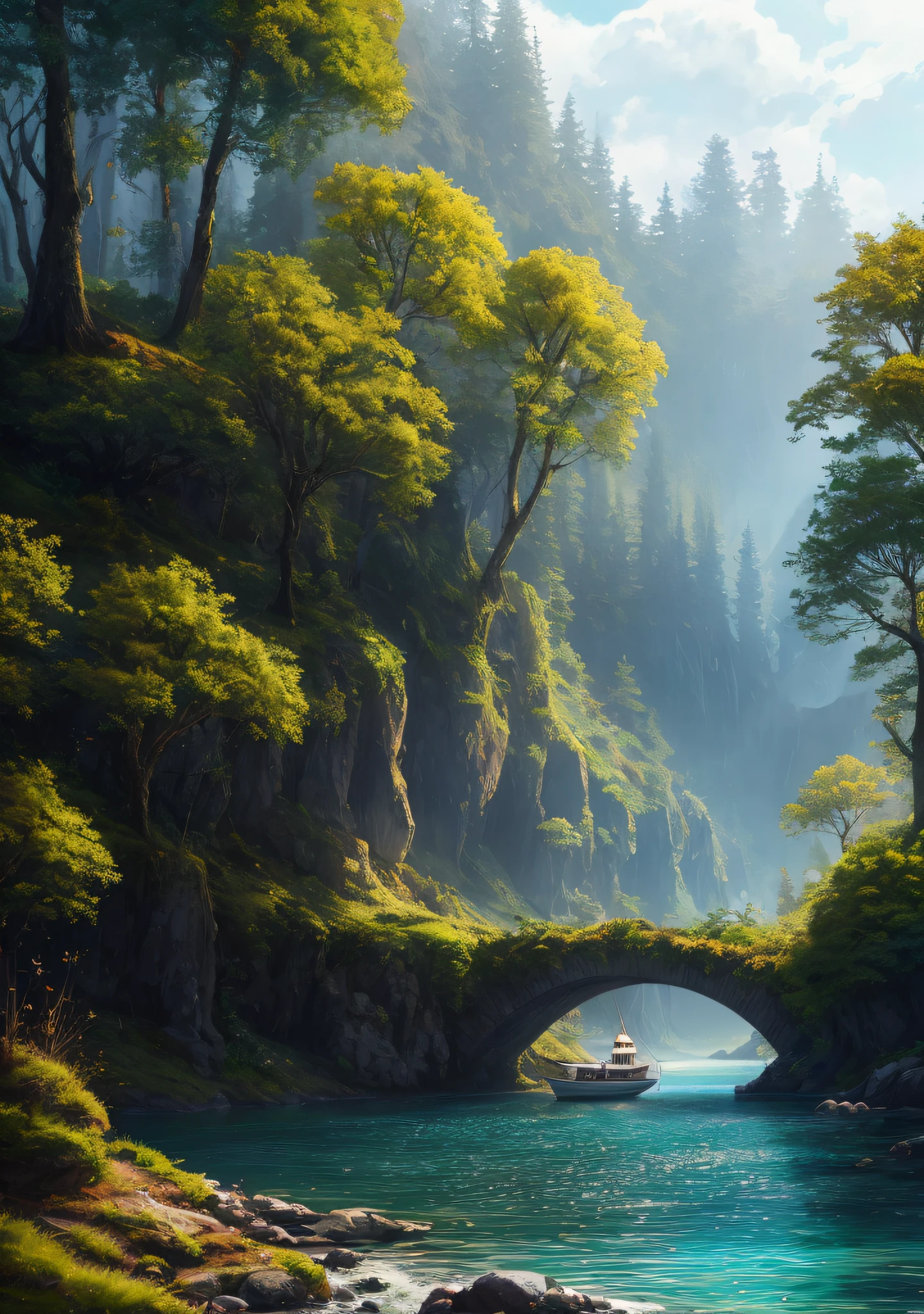 masterpiece, best quality, high quality,extremely detailed CG unity 8k wallpaper, An enchanting and dreamy front view scene of a sailboat on a narrow forrestry river in fantasy forest, with towering trees, hidden fairy glens, creating a sense of mystique and enchantment, artstation, intricate, trending, award winning photography, Bokeh, Depth of Field, HDR, bloom, Chromatic Aberration ,Photorealistic,extremely detailed, trending on artstation, trending on CGsociety, Intricate, High Detail, dramatic, art by midjourney