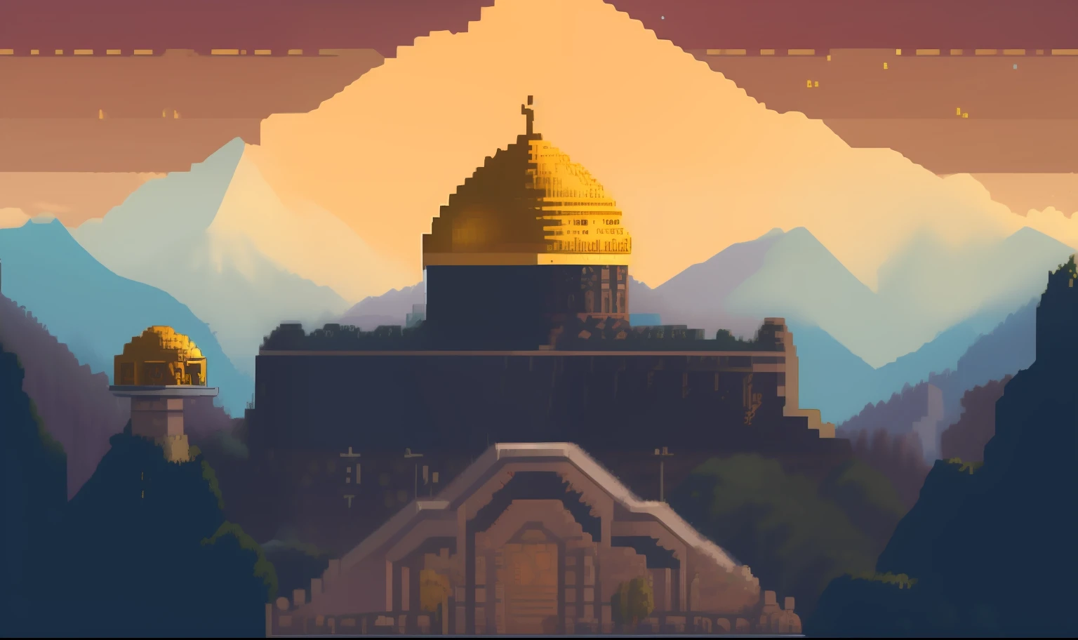 pixelart video game cover art of the Golden Dome of Jerusalem with mountains in the distance, pixelart style