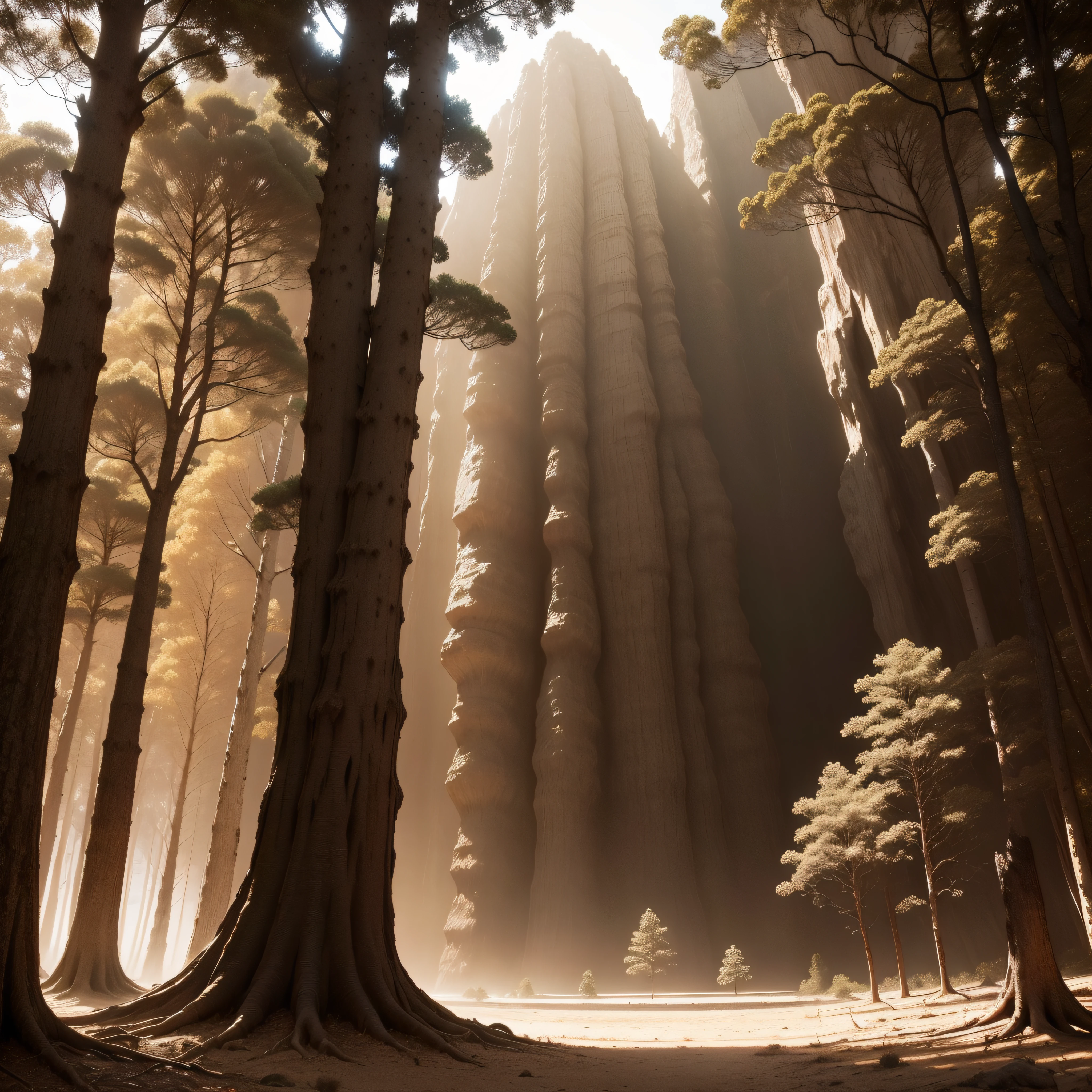 (extremadamente detallado, obra maestra, La mejor calidad, Tono sepia), paisaje de bosque.meteorito en el suelo, agujero profundo, Giant crater. burned trees. Oggre hidden among the trees. Daytime Lighting.