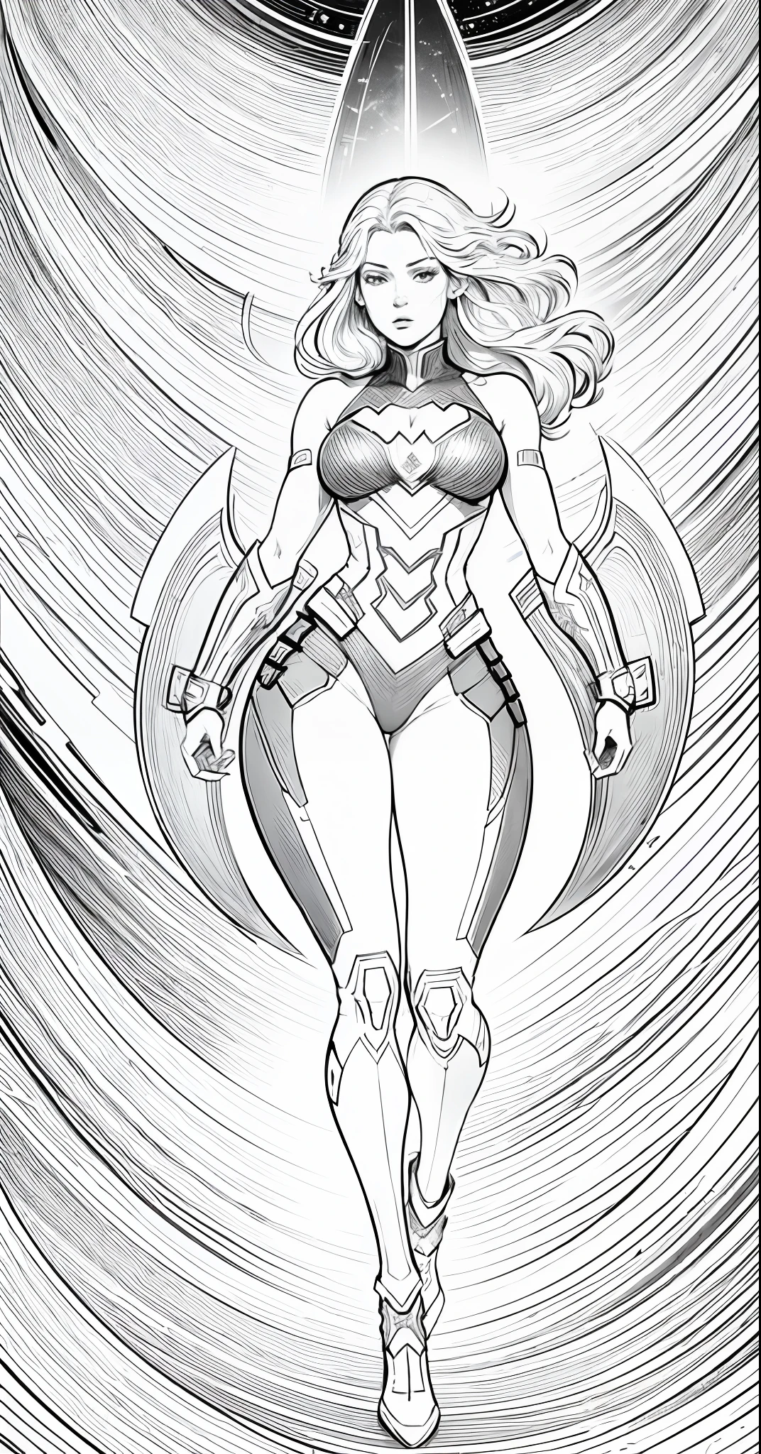 [superhero costume] +[Big-breasted heroine]+ [monochrome，Line drawings, Microfilament field, Detailed outline] + Graphics engine Leonardo diffusion, Rendering engine Leonardo style, Hint Magic v2,  full bodyesbian，flight，Doji star pattern，birdie，In the sky