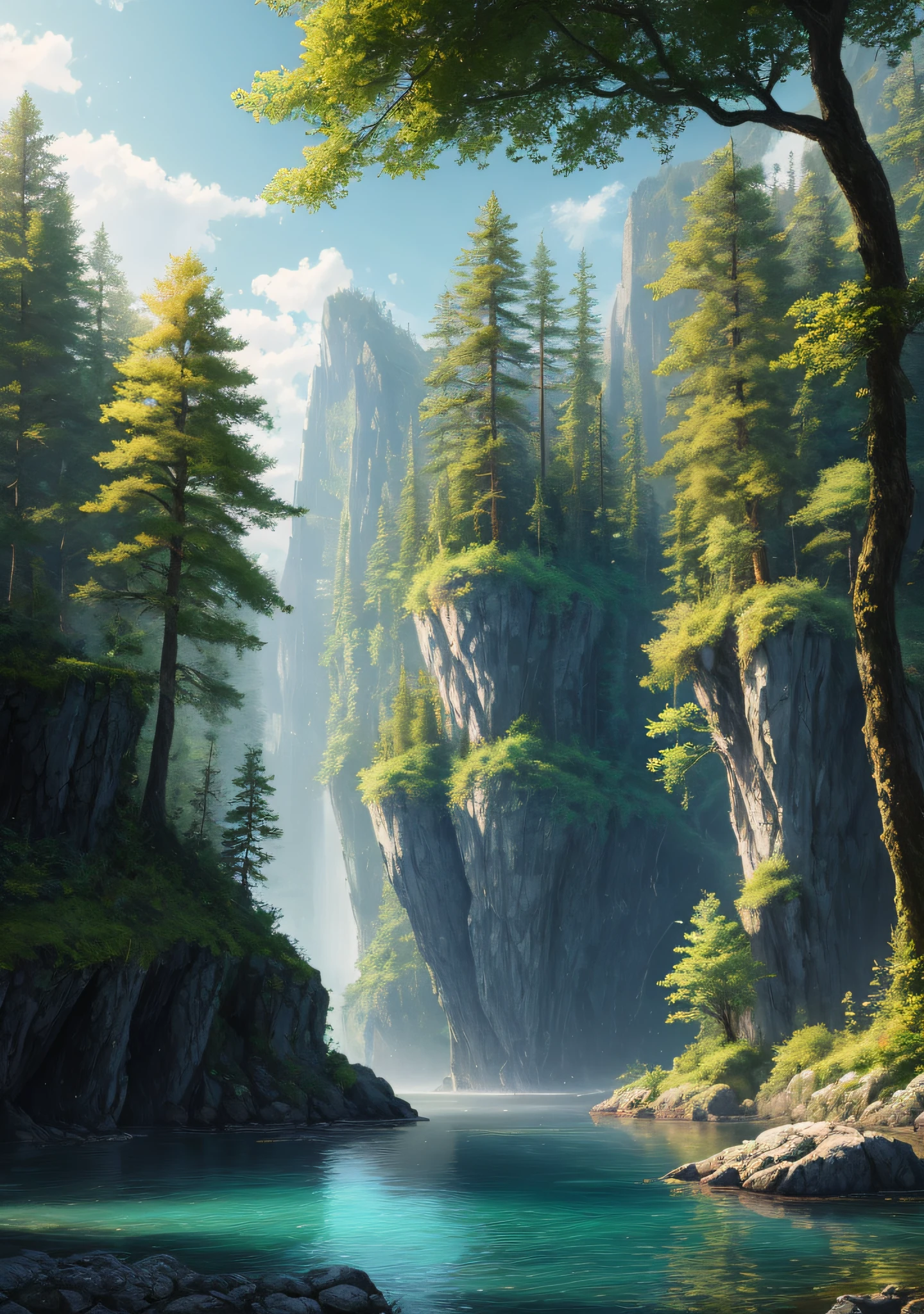 masterpiece, best quality, high quality,extremely detailed CG unity 8k wallpaper, An enchanting and dreamy front view scene of a sailboat on a narrow forrestry river in fantasy forest, with towering trees, hidden fairy glens, creating a sense of mystique and enchantment, artstation, intricate, trending, award winning photography, Bokeh, Depth of Field, HDR, bloom, Chromatic Aberration ,Photorealistic,extremely detailed, trending on artstation, trending on CGsociety, Intricate, High Detail, dramatic, art by midjourney