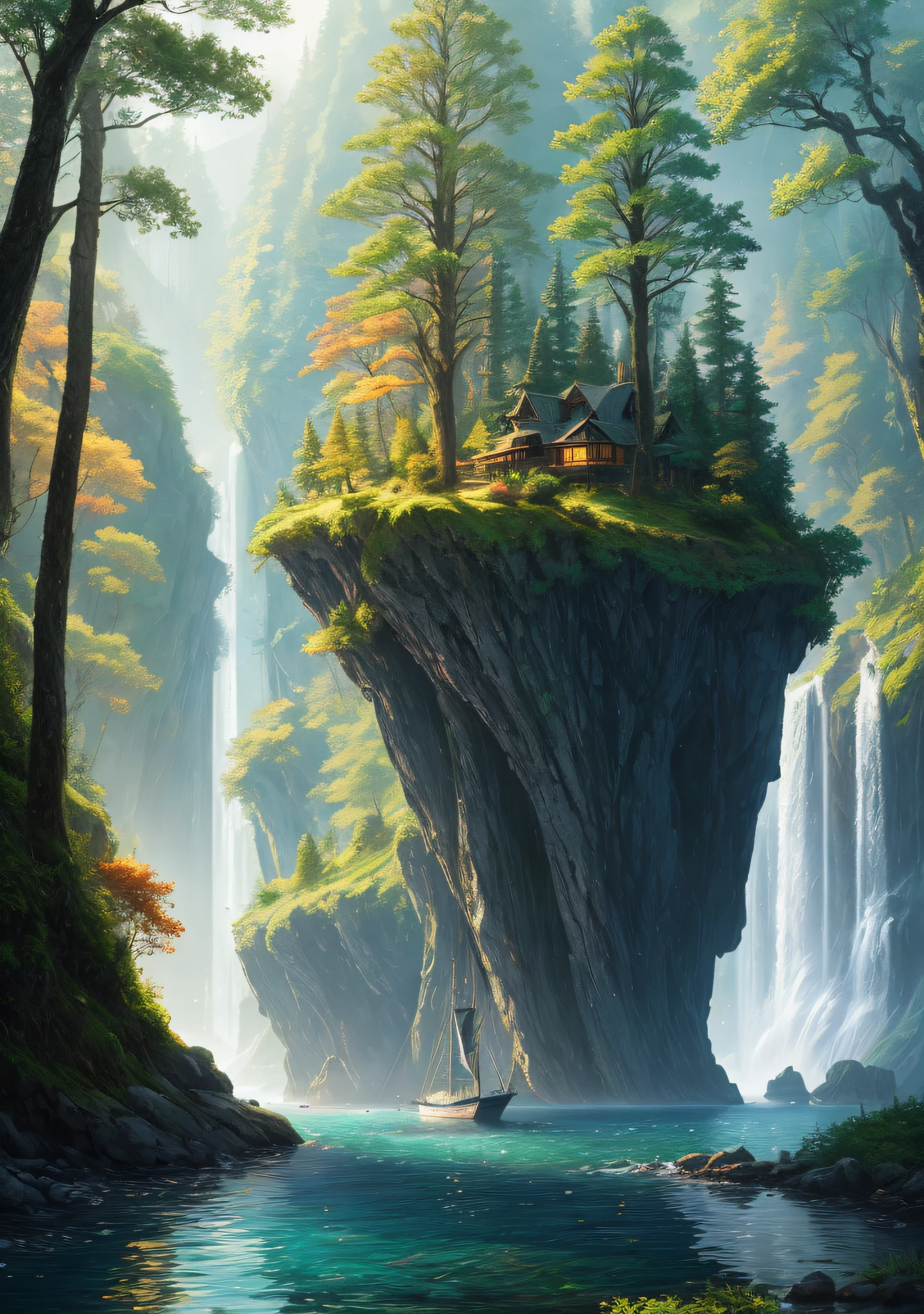 masterpiece, best quality, high quality,extremely detailed CG unity 8k wallpaper, An enchanting and dreamy front view scene of a sailboat on a narrow forrestry river in fantasy forest, with towering trees, hidden fairy glens, creating a sense of mystique and enchantment, artstation, intricate, trending, award winning photography, Bokeh, Depth of Field, HDR, bloom, Chromatic Aberration ,Photorealistic,extremely detailed, trending on artstation, trending on CGsociety, Intricate, High Detail, dramatic, art by midjourney