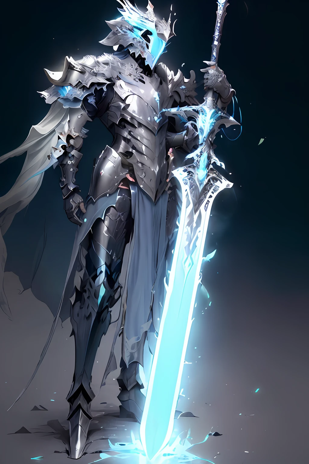 (masterpiece, top quality, best quality, official art, beautiful and aesthetic:1.2),(8k, best quality, masterpiece:1.2),CGDivineSwordsw, weapon, armor, solo, holding, horns, glowing, sword, 1boy, holding weapon, planted, male focus, glowing weapon, standing, helmet, gauntlets, holding sword, glowing sword, planted sword, shoulder armor, gradient, gradient background, greaves, pauldrons, (blue glow:1.3),