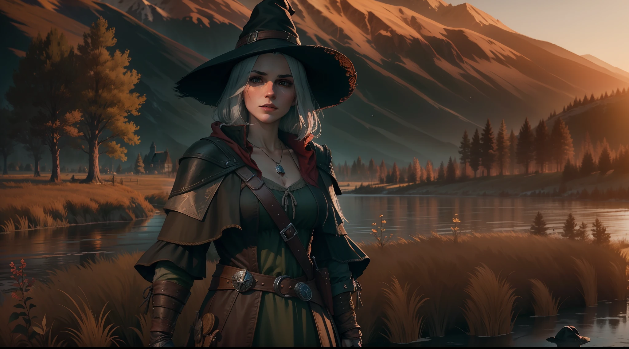 witch in witch hat in front of a lake, bruxo 3, The Witcher 3, Witcher)), Witcher, de Witcher (2021), Geralt de Rivia, standing in the plains of rohan, O Bruxo, beautiful and cinematic lighting, geralt of rivia in dark souls, Geralt (disambiguation), sunset in the distance