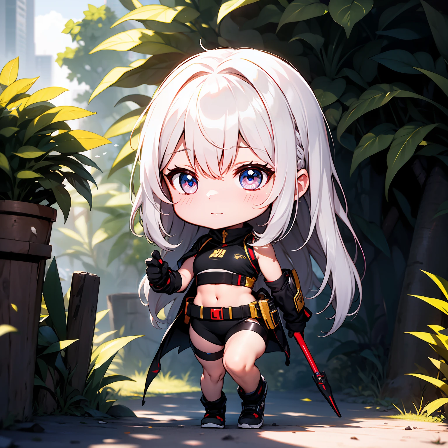 Character drawings,Same character full body,Lateral face,on back,hyper HD,tmasterpiece,acurate,best qualtiy,超高分辨率,hyper-high detail,Ultra high quality,4K,8K,No background,Remove the background,Without background,1 girl,with short black hair,finely quality eyes,Be red in the face,is shy,Wear a suit of armor,Armed with a spear:1.5,medium boob,(Q version of cartoon:1.3),(Side of the character:1.3),(4 Cephalic body:1.4),(45° side viewing angle:1.5),(45° lateral viewing angle:1.5),Oblique lens,Full body characters,