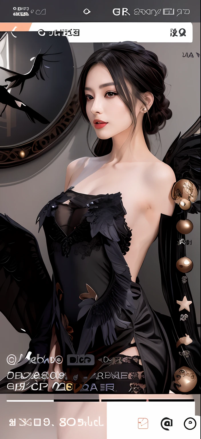 Arafad image of a woman in a black dress with wings, , spellbinding,spellbinding, trending at cgstation, gorgeous chinese models, wearing angel, sexy gown, Open V chest clothes, wings lace wear, opened dress, bladed wings lace wear, trending on cgstation, exquisite and smooth details, Clothing that exposes