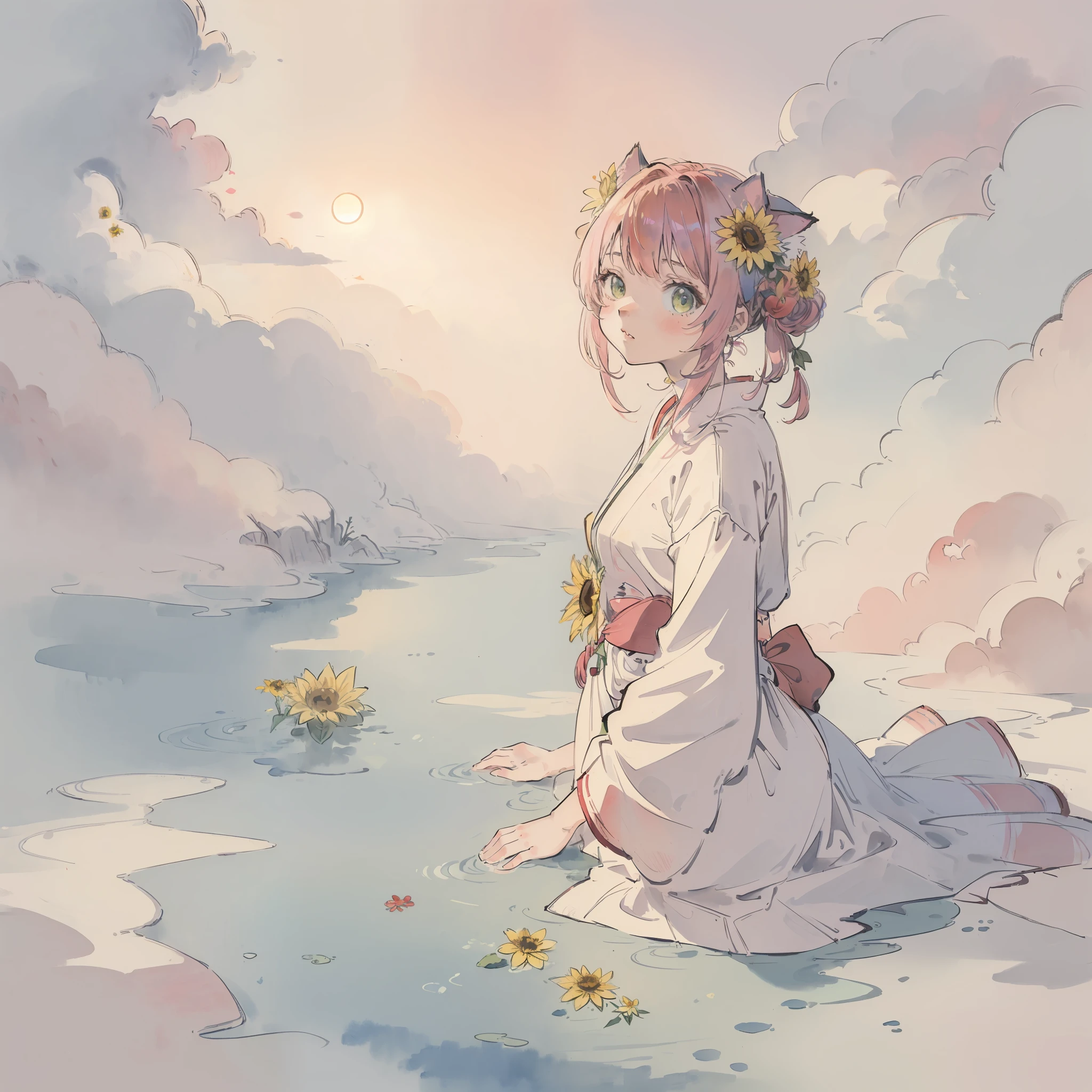 ((Best quality1.2、masutepiece))、(watercolor paiting)、((Take a cute cat))、((Sun flower))、kawaii、pinkhair(rainbow-colored hair)