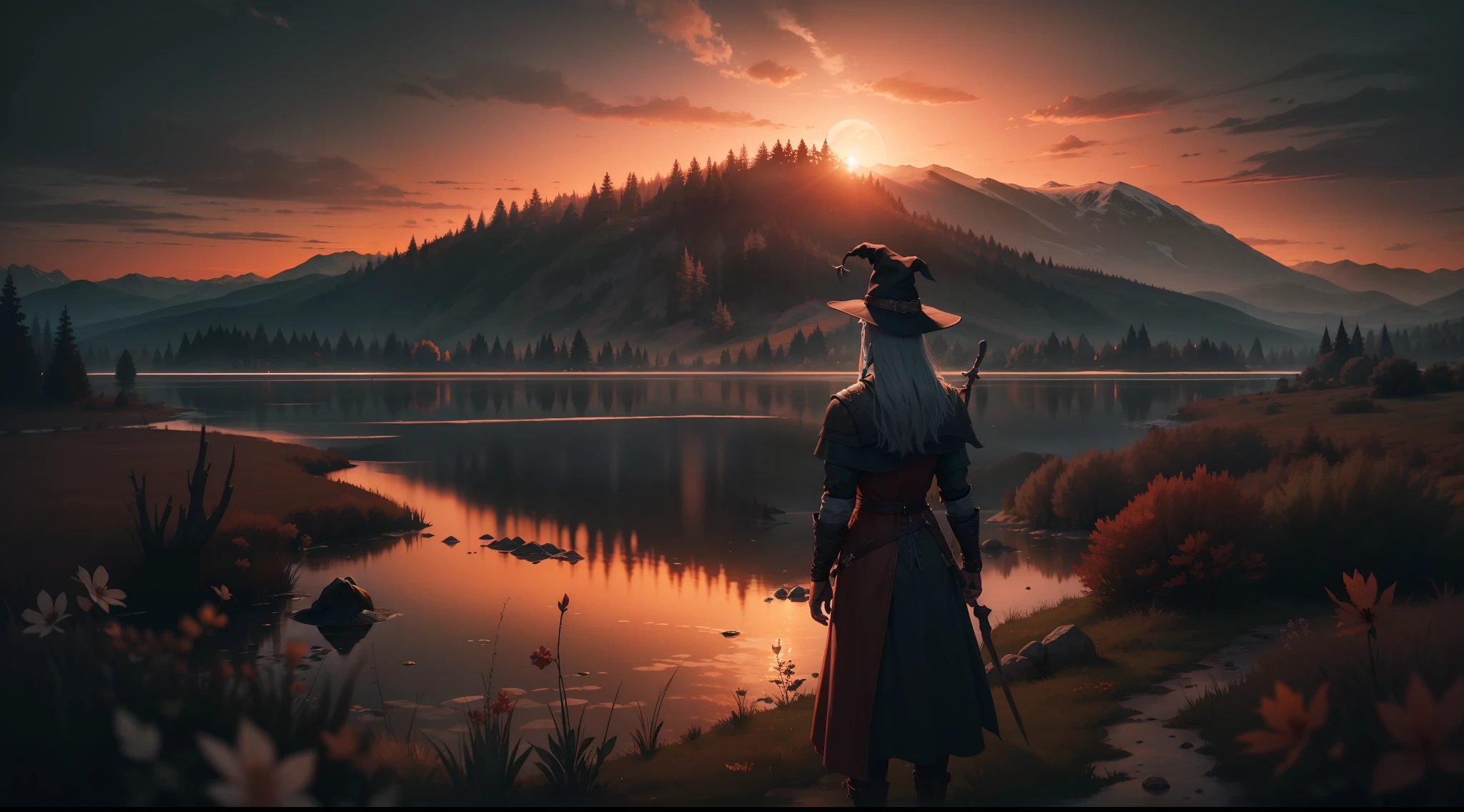 witch in witch hat in front of a lake, bruxo 3, The Witcher 3, Witcher)), Witcher, de Witcher (2021), Geralt de Rivia, standing in the plains of rohan, O Bruxo, beautiful and cinematic lighting, geralt of rivia in dark souls, Geralt (disambiguation), sunset in the distance