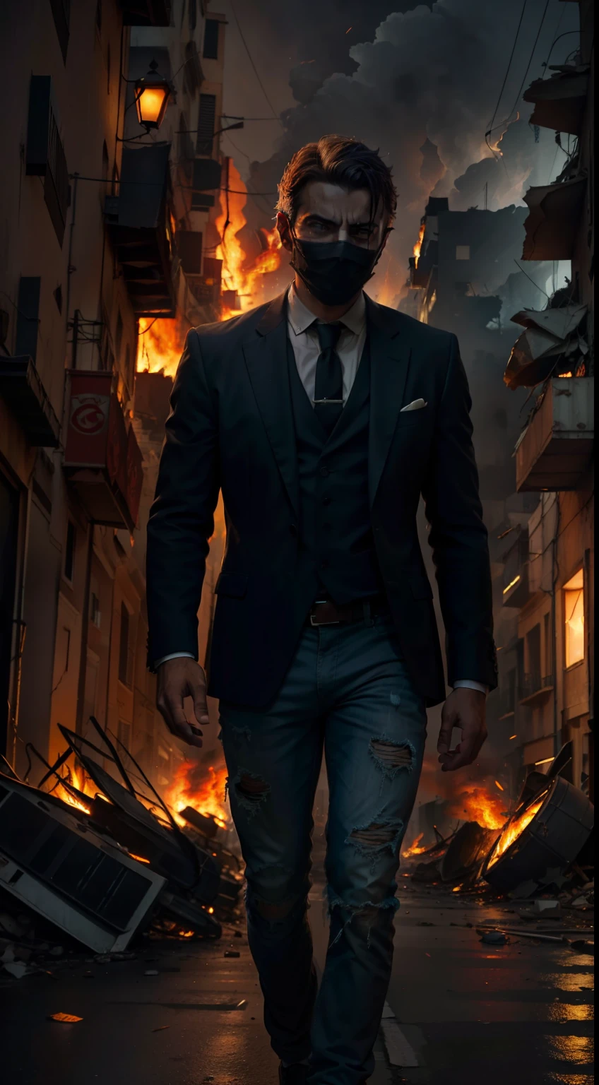 An italian guy wearing a mask, with a torn up suit, torn up pants, walking through a burning city, dramatic, dramatic lighting, night