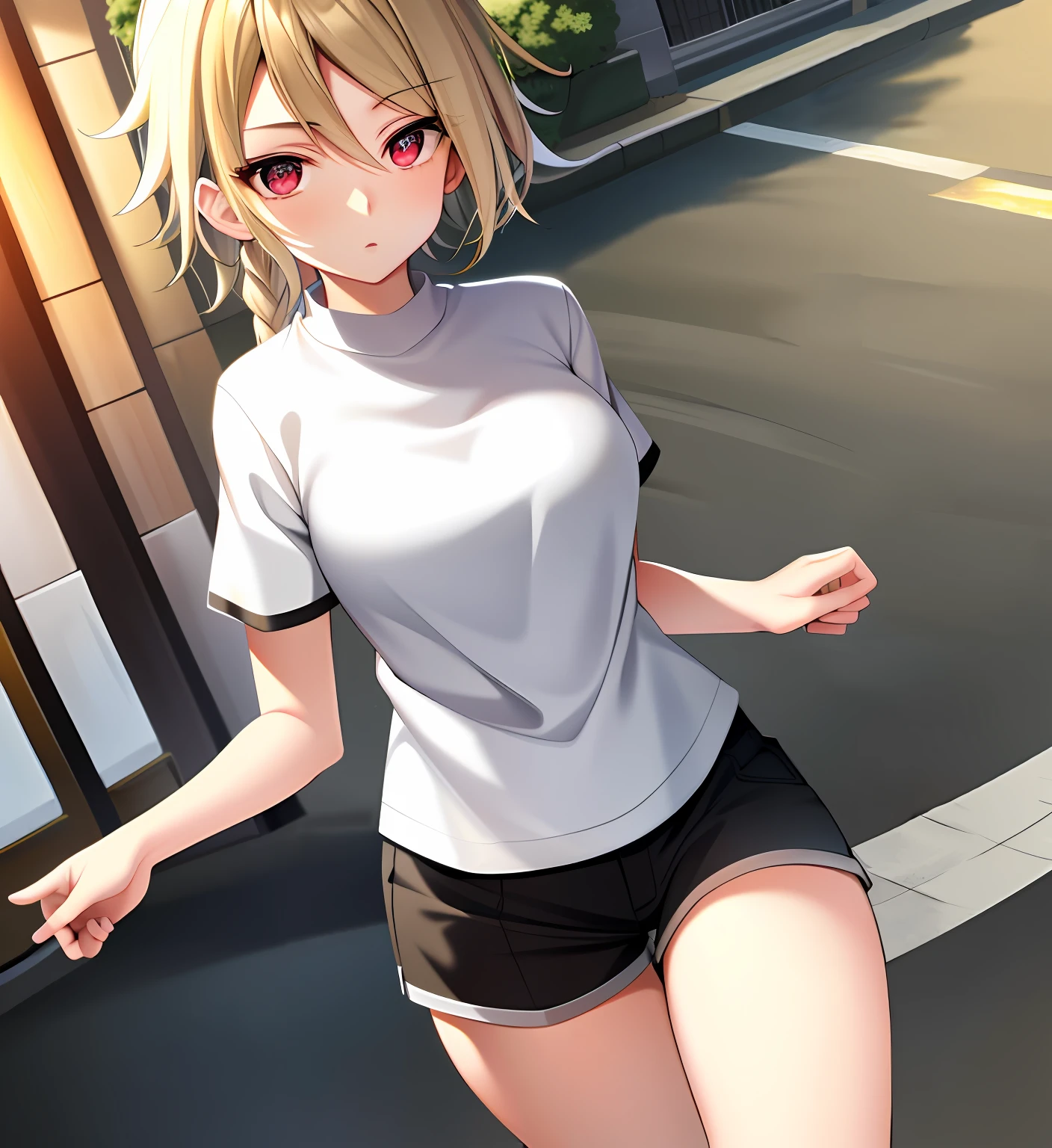 {Best quality}, {{Masterpiece}}, {A high resolution}, Extremely detailed girl, Solo, Sharp focus, 1girll, lambda11, Blonde hair, Red eyes, Single braid, Braid, Medium breasts, Shorts, shirt, Casual clothes, street, City, Walking