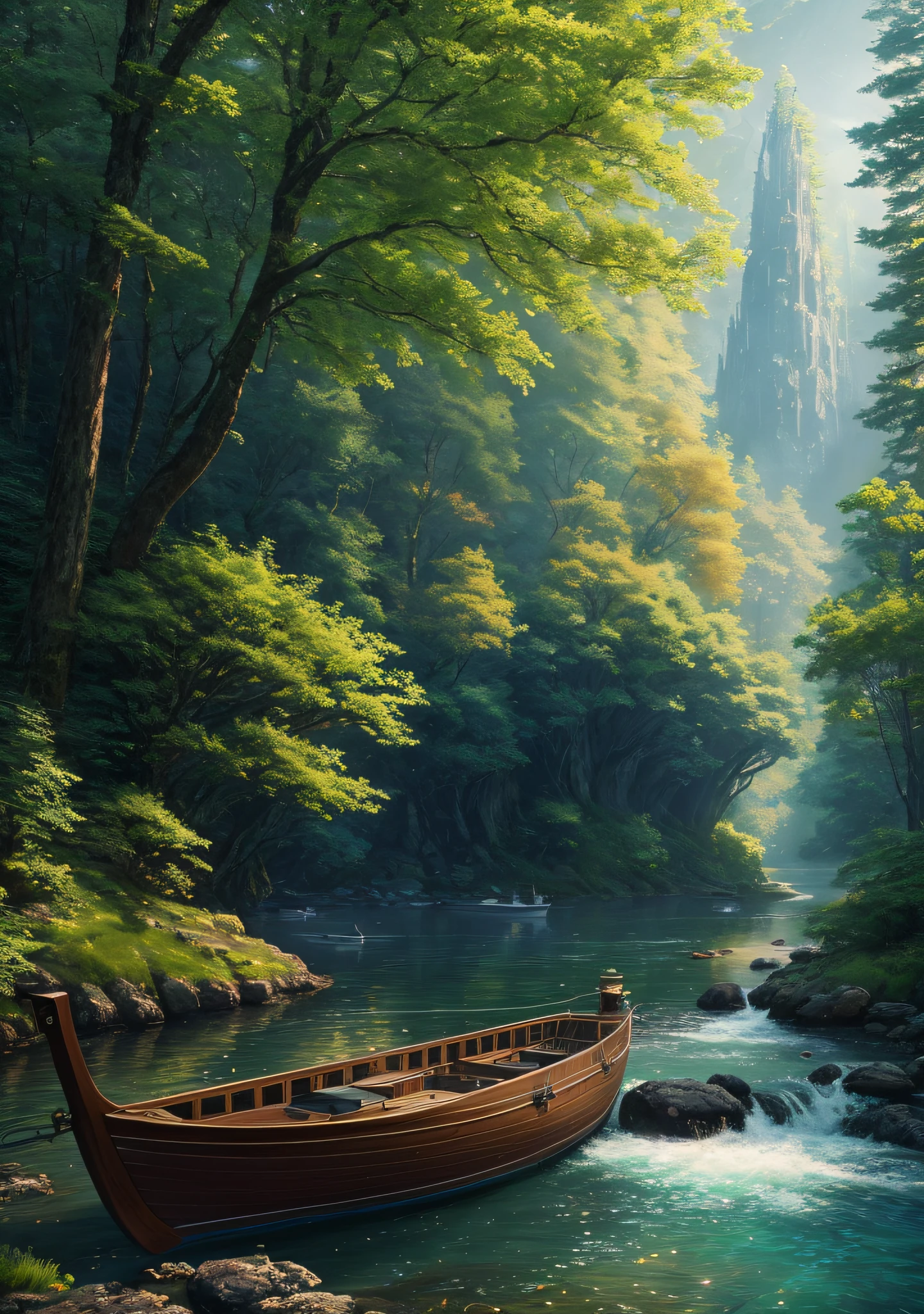 masterpiece, best quality, high quality,extremely detailed CG unity 8k wallpaper, An enchanting and dreamy front view scene of a sailboat on a narrow forrestry river in fantasy forest, with towering trees, hidden fairy glens, creating a sense of mystique and enchantment, artstation, intricate, trending, award winning photography, Bokeh, Depth of Field, HDR, bloom, Chromatic Aberration ,Photorealistic,extremely detailed, trending on artstation, trending on CGsociety, Intricate, High Detail, dramatic, art by midjourney