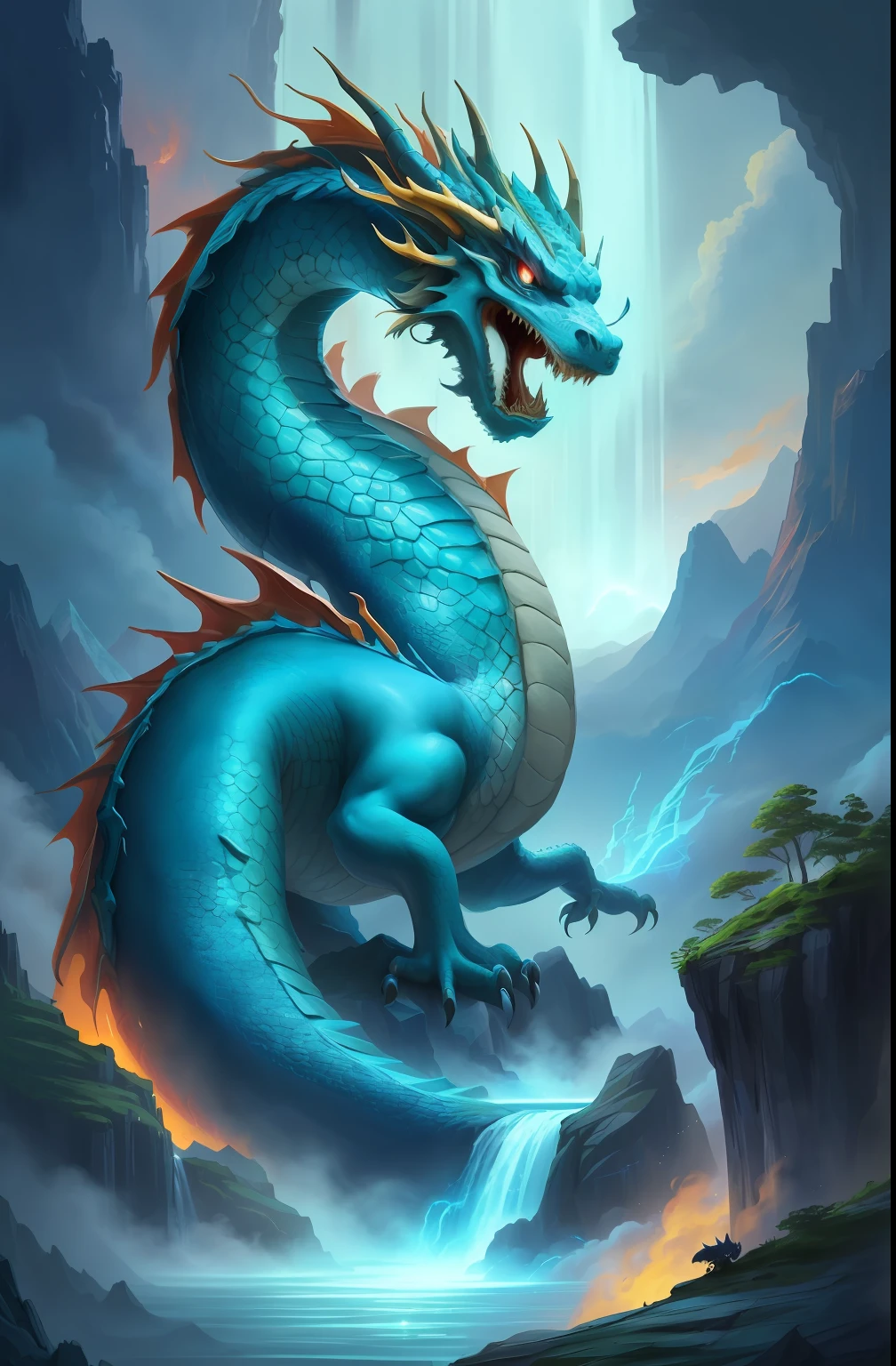 Close-up of a full-body dragon with a waterfall in the background, cyan chinese dragon fantasy, legendary dragon, chinese dragon concept art, epic dragon, smooth chinese dragon, blue dragon, colossal dragon as background, Chinese dragon, Majestic Japanese Dragon, Oil painting of a dragon, dragon art, lung dragon, naga-tirr, loongs, blue scaled dragon, Phoenix Dragon