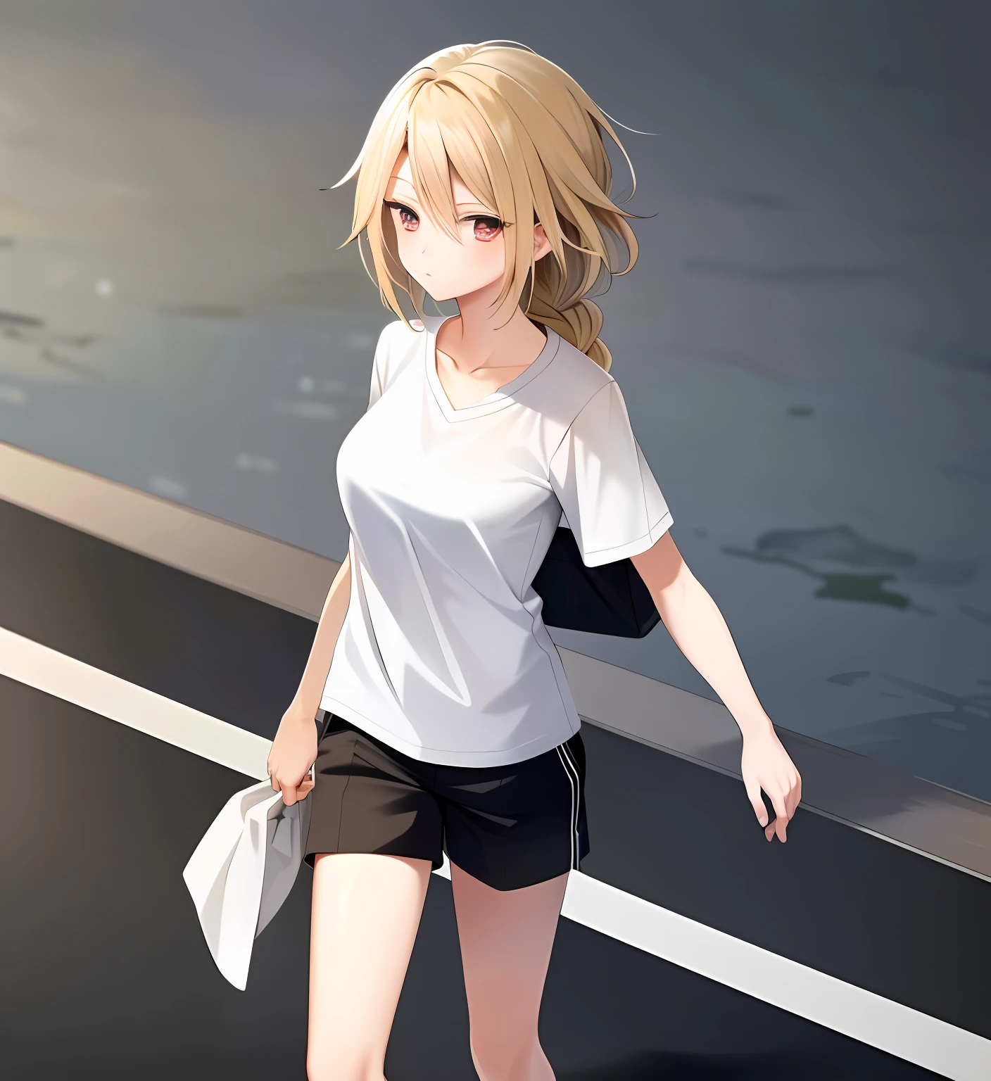 {Best quality}, {{Masterpiece}}, {A high resolution}, Extremely detailed girl, Solo, Sharp focus, 1girll, lambda11, Blonde hair, Red eyes, Single braid, Braid, Medium breasts, Shorts, shirt, Casual clothes, street, City, Walking