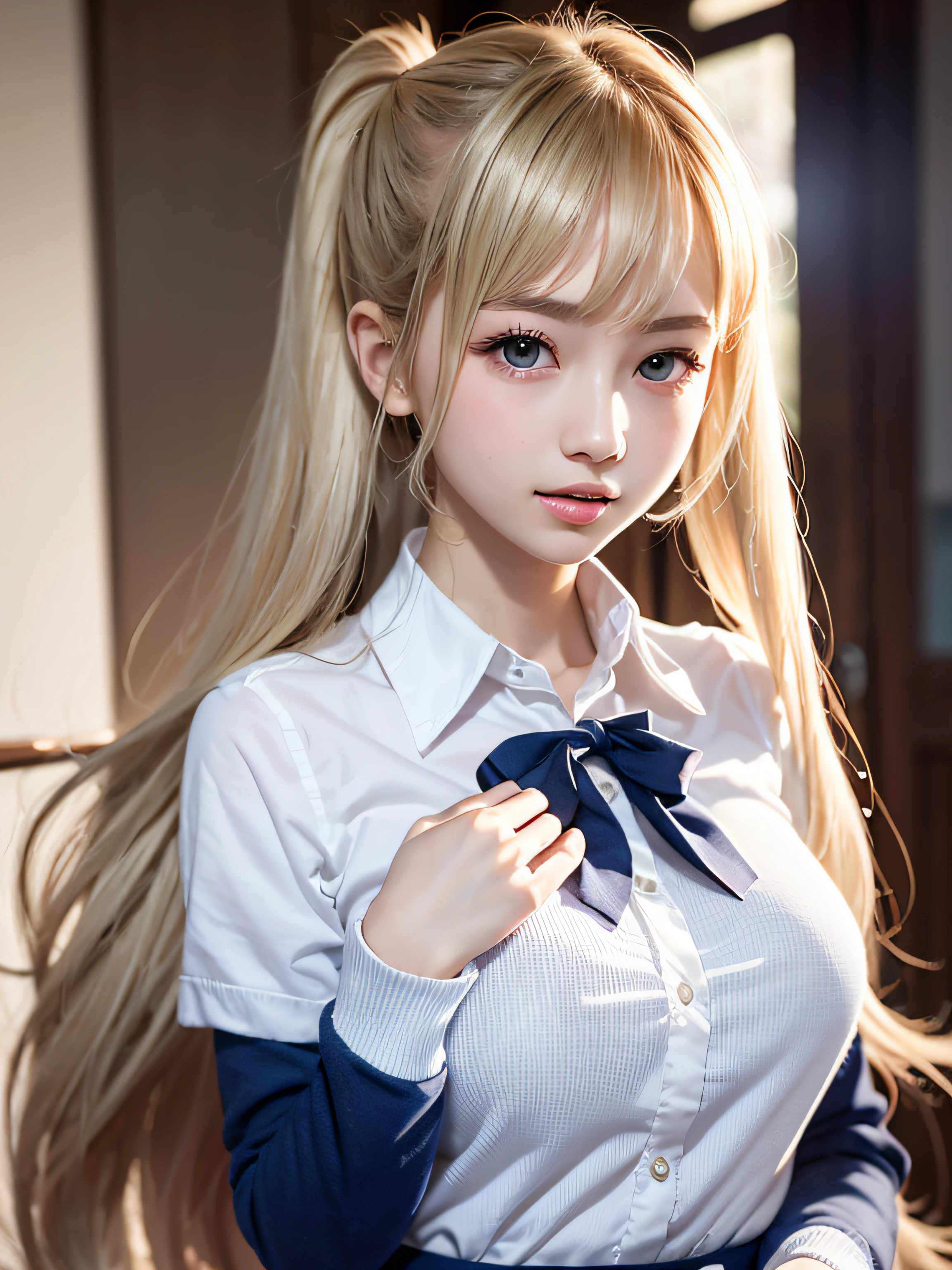 portlate、School Uniforms、bright expression、poneyTail、Young shiny shiny white shiny skin、Best Looks、Blonde reflected light、Platinum blonde hair with dazzling highlights、shiny light hair,、Super long silky straight hair、Beautiful bangs that shine、Glowing crystal clear attractive big blue eyes、Very beautiful nice cute 16 year old girl、Lush bust,Raise both arms,(Aside)、tall