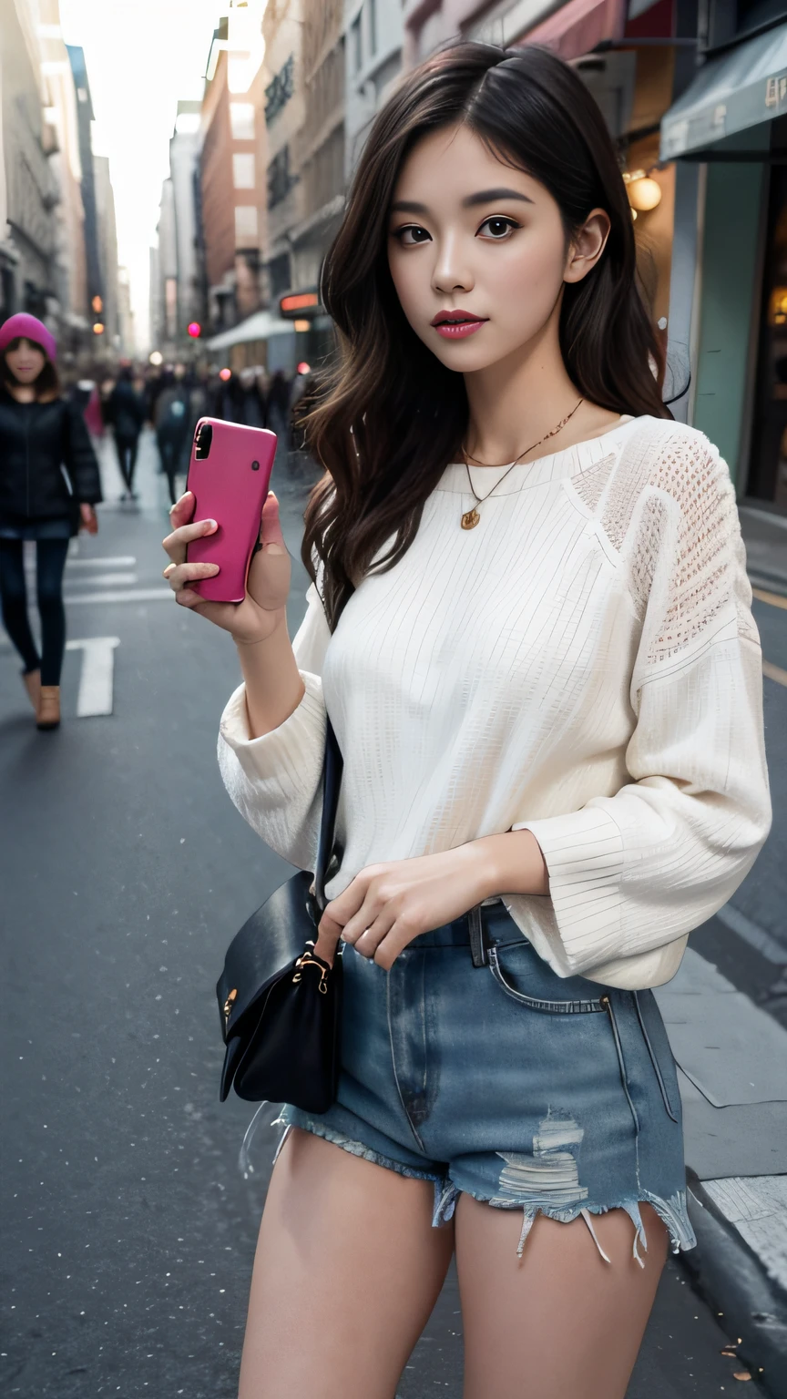 Beautiful woman, fiddling with cell phone in the middle of the street, short clothes