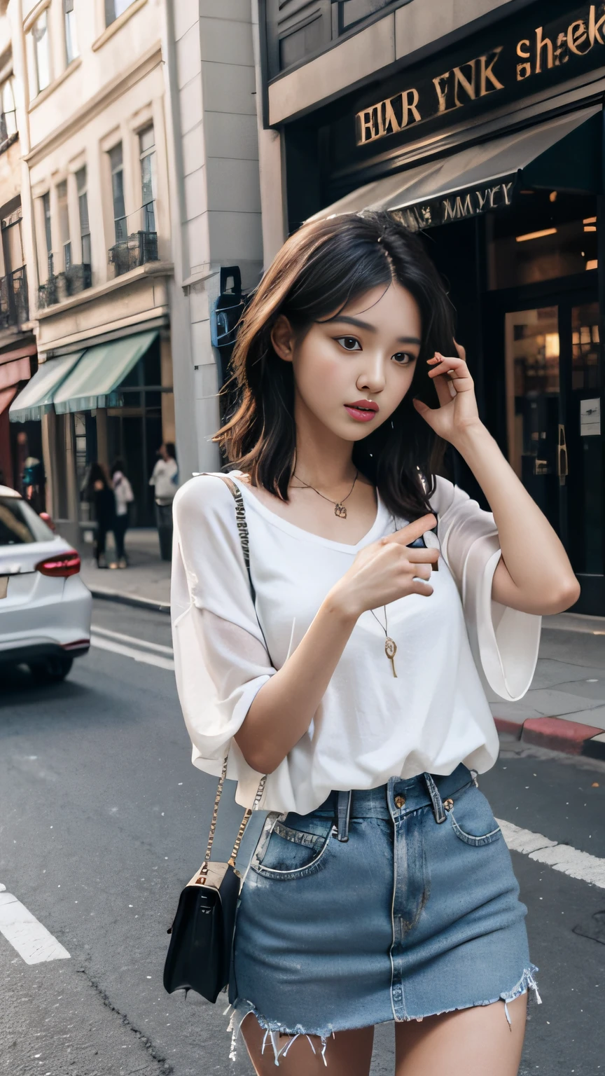 Beautiful woman, fiddling with cell phone in the middle of the street, short clothes