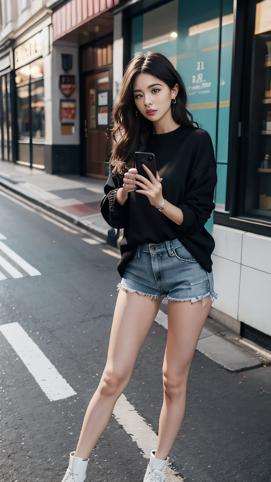 Beautiful woman, fiddling with cell phone in the middle of the street, short clothes