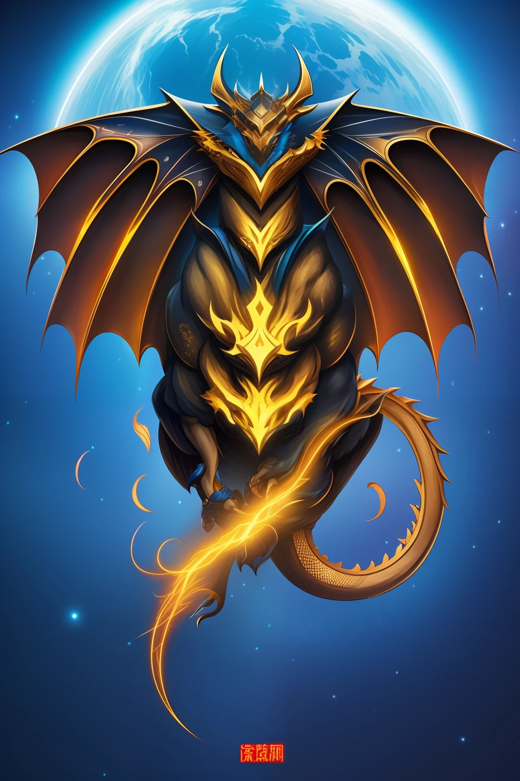 Blue mech，The appearance is characterized by three faucets、Two tail、There is a pair of huge bat wings on the back、There are no forelimbs, only hindlimbs and legs，The whole body is covered in blue armor（It has a golden sheen），The whole resembles the dragon in Western mythology，The mouth emits a gravitational beam that resembles lightning。