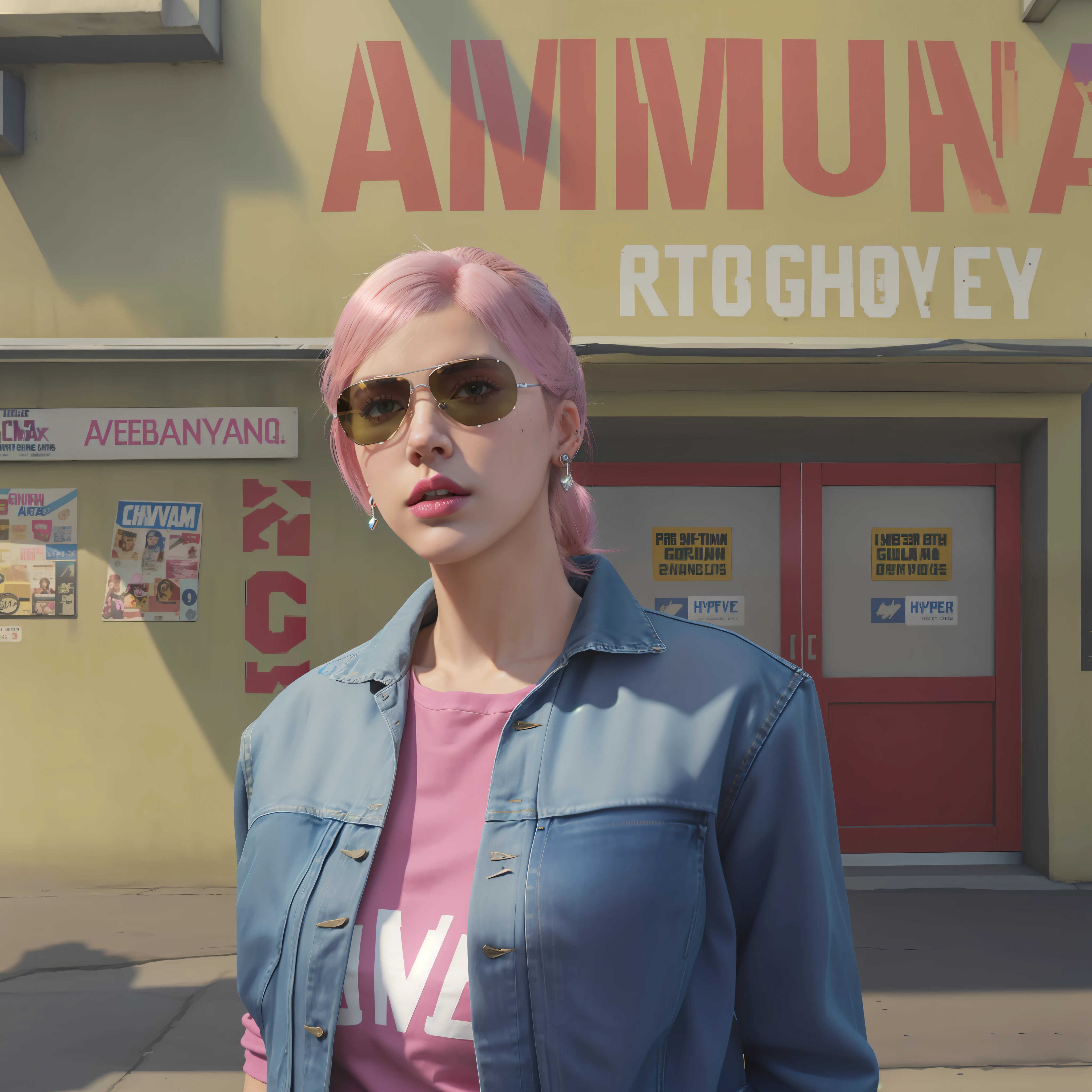 , A stylistic masterpiece of GTA V artwork，A woman stands in front of a gun shop，Wearing a blue canvas denim jacket，Pink ponytail hairstyle，Wearing silver aviator sunglasses，Delicate earrings，Pink lipstick，Beautuful Women，Women criminals，Cold，heroines，Inspired by Marvel's Black Widow，Hyper-realistic，Unreal 5 game rendering style