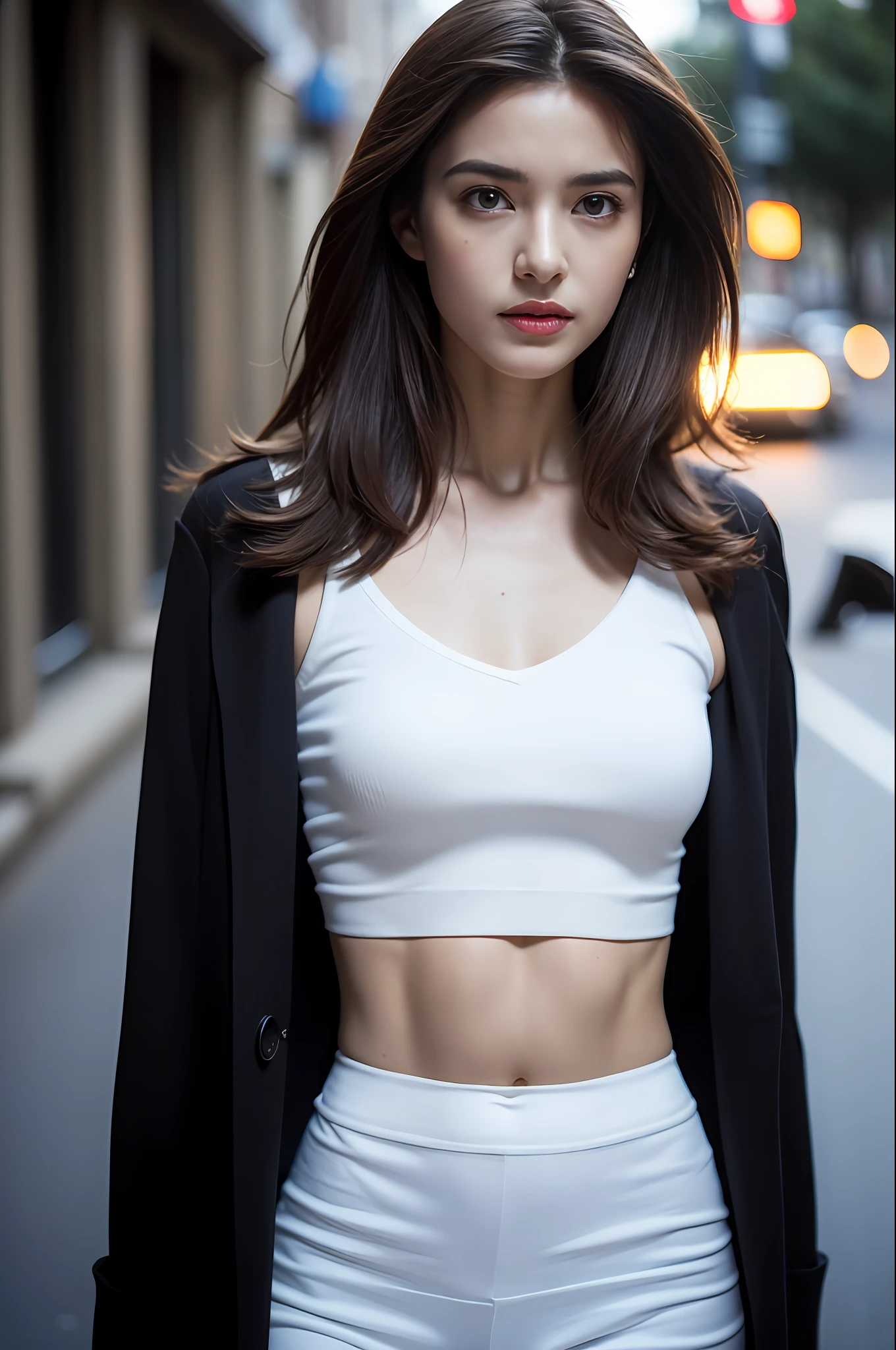 ((Realistic lighting, Best quality, 8K, Masterpiece: 1.3)), Clear focus: 1.2, 1girl, Perfect Figure: 1.4, Slim Abs: 1.1, ((Dark brown hair)), (White crop top: 1.4), (Outdoor, Night: 1.1), City streets, Super fine face, Fine eyes, Double eyelids,