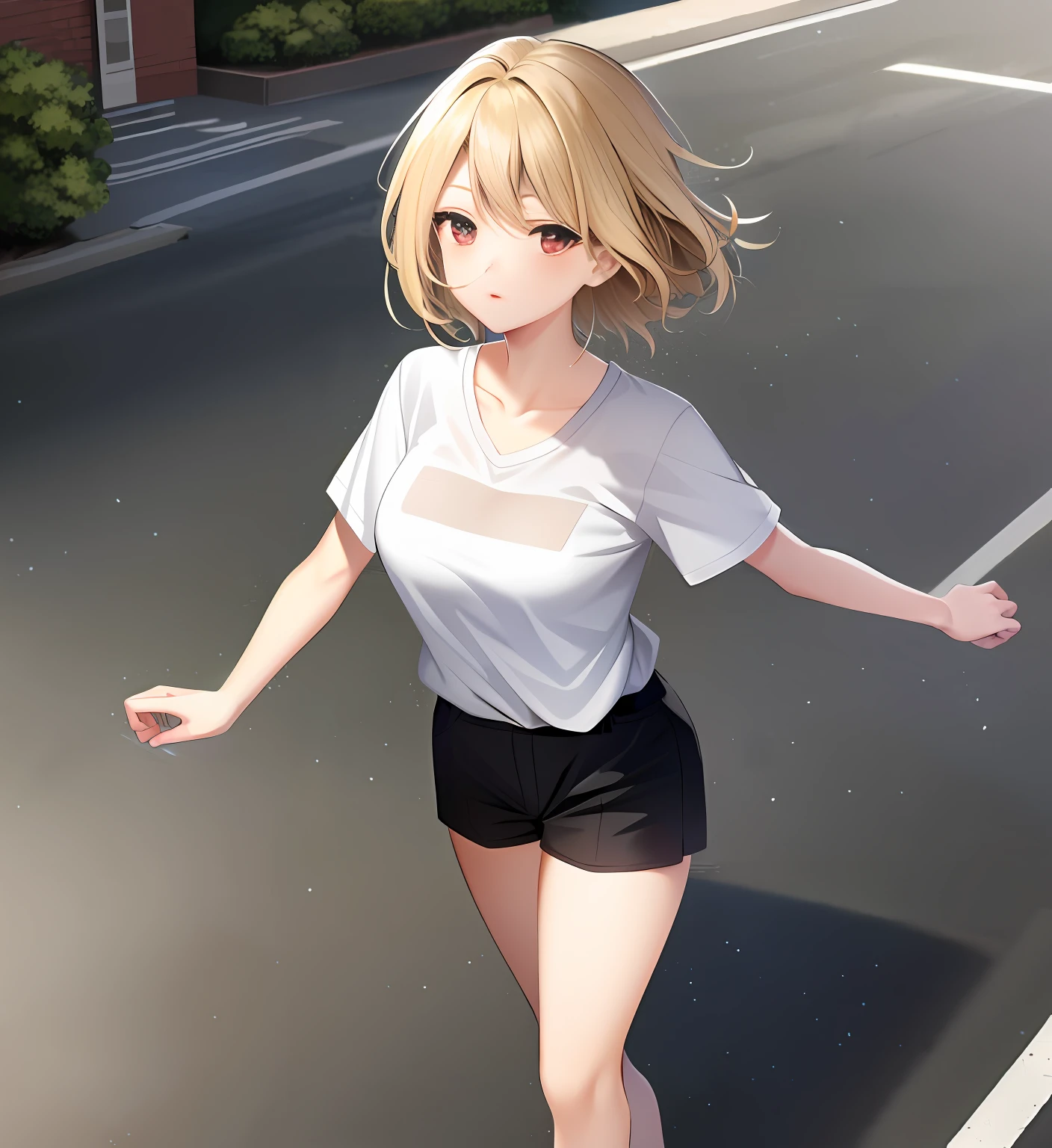 {Best quality}, {{Masterpiece}}, {A high resolution}, Extremely detailed girl, Solo, Sharp focus, 1girll, lambda11, Blonde hair, Red eyes, Single braid, Braid, Medium breasts, Shorts, shirt, Casual clothes, street, City, Walking