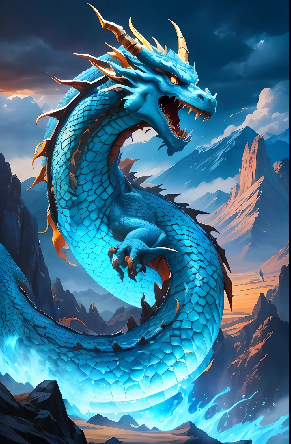 Close-up of a dragon with mountains in the background, cyan chinese dragon fantasy, Chinese dragon, smooth chinese dragon, blue dragon, chinese dragon concept art, fire flaming dragon serpent, Majestic Japanese Dragon, colossal dragon as background, dragon art, epic dragon, Phoenix Dragon, blue scaled dragon, fire dragon, legendary dragon, Oil painting of a dragon