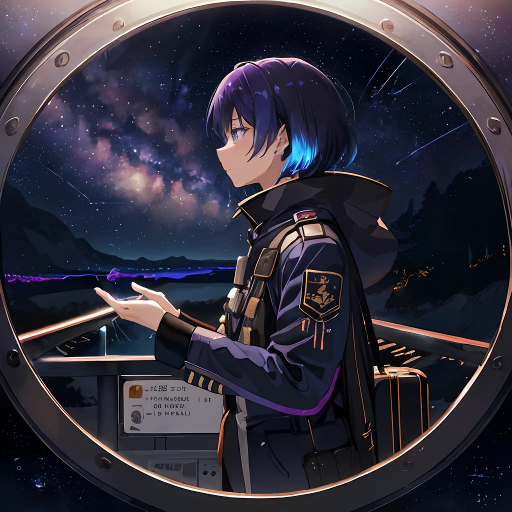 Vast landscape photos、、Night on the Galaxy Express、There are railways in space、You will see the beautiful Milky Way、(shooting stars:0.9)、(nebulas:1.3)、(Warm color light source:1.2)、(fireflys:1.2)、Purple and orange、intricate detailes、Volume Lighting、Realism Break (masterpiece:1.2)、(top-quality)、4K、ultra-detailliert、、Very detailed and colorful details、(Iridescent colors:1.2)、dream-like、Magical、absurderes、Conductors of the universe、Conductor in uniform、Large luggage、traveller、There are railway tracks in space.、Railway runs、crosses