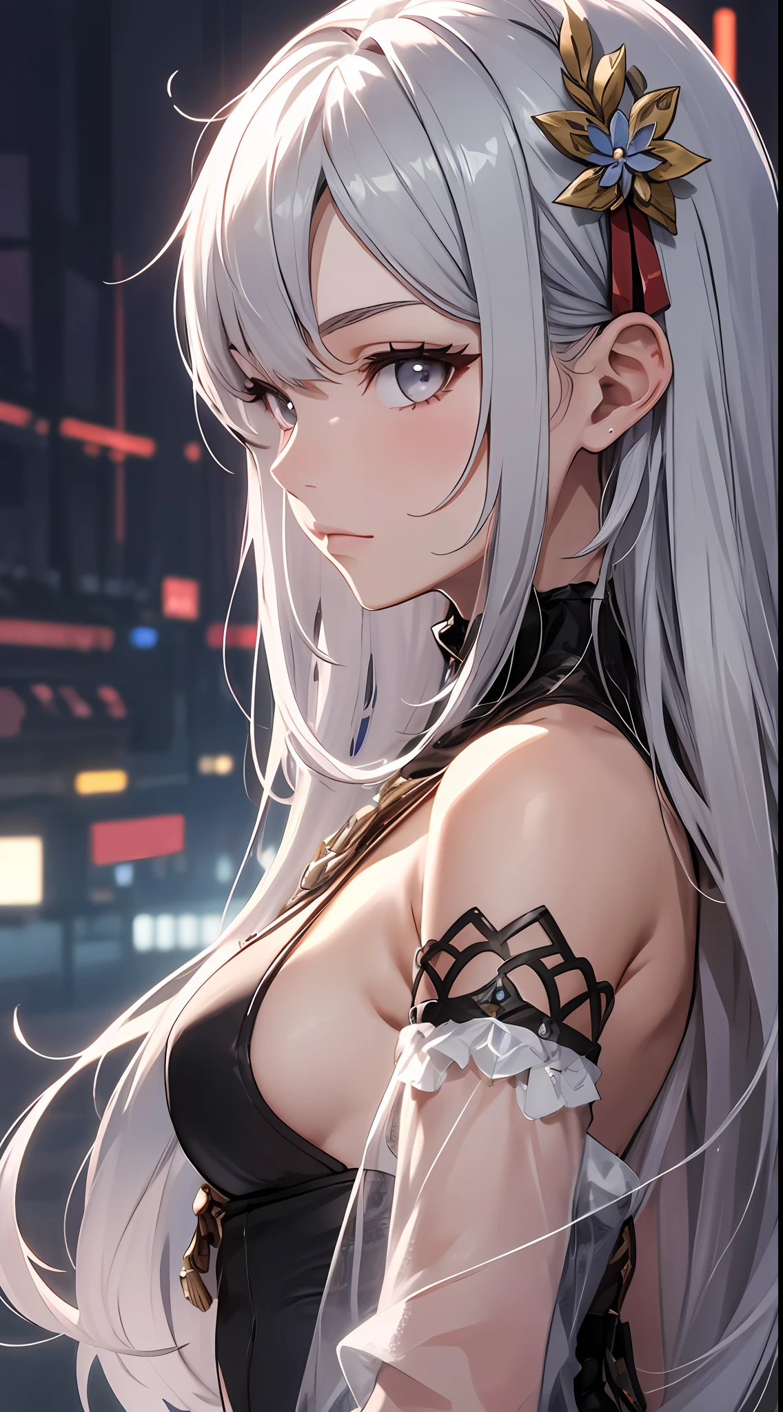 Mast, best quality, 1 girl, shenhe \ (Genshin Impact), silver gray hair, gray eyes, long hair, headband, hair accessories, looking at the audience, from the side,