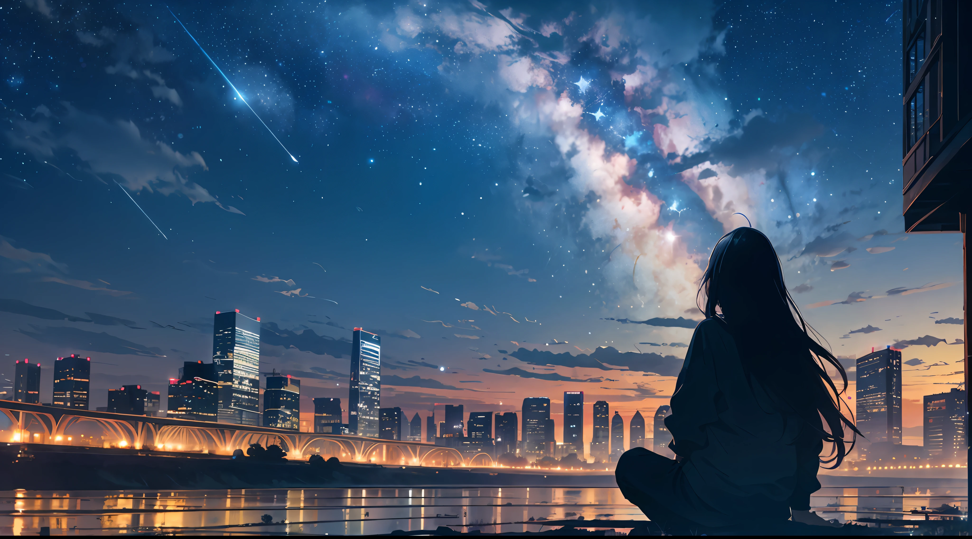 octans, sky, star (sky), scenery, starry sky, night, 1girl, night sky, solo, outdoors, building, cloud, milky way, sitting, tree, long hair, city, silhouette, cityscape