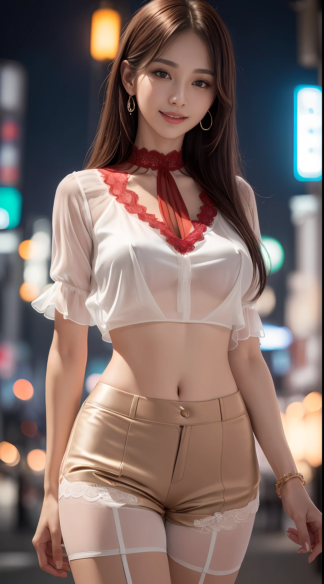 8k, masterpiece, RAW photo, best quality, photorealistic, extremely detailed CG unity 8k wallpaper, Depth of field, Cinematic Light, Lens Flare, Ray tracing, (extremely beautiful face, beautiful lips, beautiful eyes), intricate detail face, ((ultra detailed skin)) 1girl, in the dark, deep shadow, pretty korean girl, kpop idol,(very slim slender fit-muscled body:1.3), ((looking at viewer)),(big smile:1.3), (fashion city night, (neon sign), (blurry background), midnight, (no people), (without people in the background:1.3), pretty korean girl, white diamond earrings, dia bracelets, dia necklace, pantyhose, clear eyes, walking , front shot, (pale skin), face forward, (big eyes), full body shot, ((silk Laced top blouse, see through, white color)), ((red color shorts:1.3)), (brown hairs) (looking at viewer:1.3), (see through blouse), (laced panty), open breast, very slim, medium breasts, Hermes bag, ((camel toe))