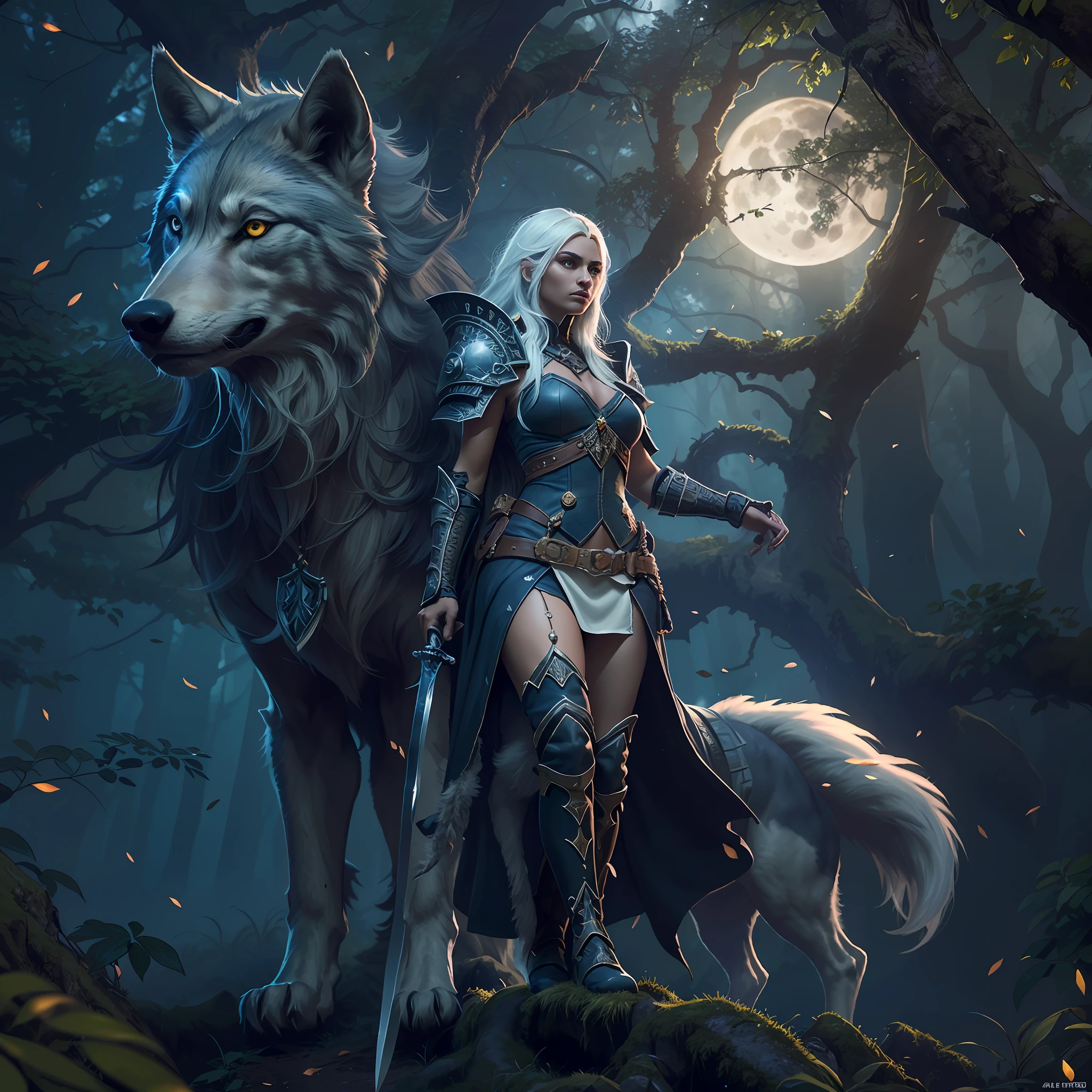 high details, best quality, 8k, [ultra detailed], masterpiece, best quality, (extremely detailed), dynamic angle, ultra wide shot, RAW, photorealistic, fantasy art, dnd art, rpg art, realistic art, a wide angle picture of a female drow ranger and her pet wolf,  warrior of nature, fighter of nature, full body, [[anatomically correct]] full body (1.5 intricate details, Masterpiece, best quality) talking to a wolf (1.6 intricate details, Masterpiece, best quality) armed with a sword  (1.5 intricate details, Masterpiece, best quality) magical sword, glowing in blue light. in dark forest (1.5 intricate details, Masterpiece, best quality), a female  dark elf wearing leather armor (1.4 intricate details, Masterpiece, best quality), leather boots, thick hair, long hair, white hair, black skin intense eyes, forest  background (intense details), moon light, stars light, clouds (1.4 intricate details, Masterpiece, best quality), dynamic angle, (1.4 intricate details, Masterpiece, best quality) 3D rendering, high details, best quality, highres, ultra wide angle