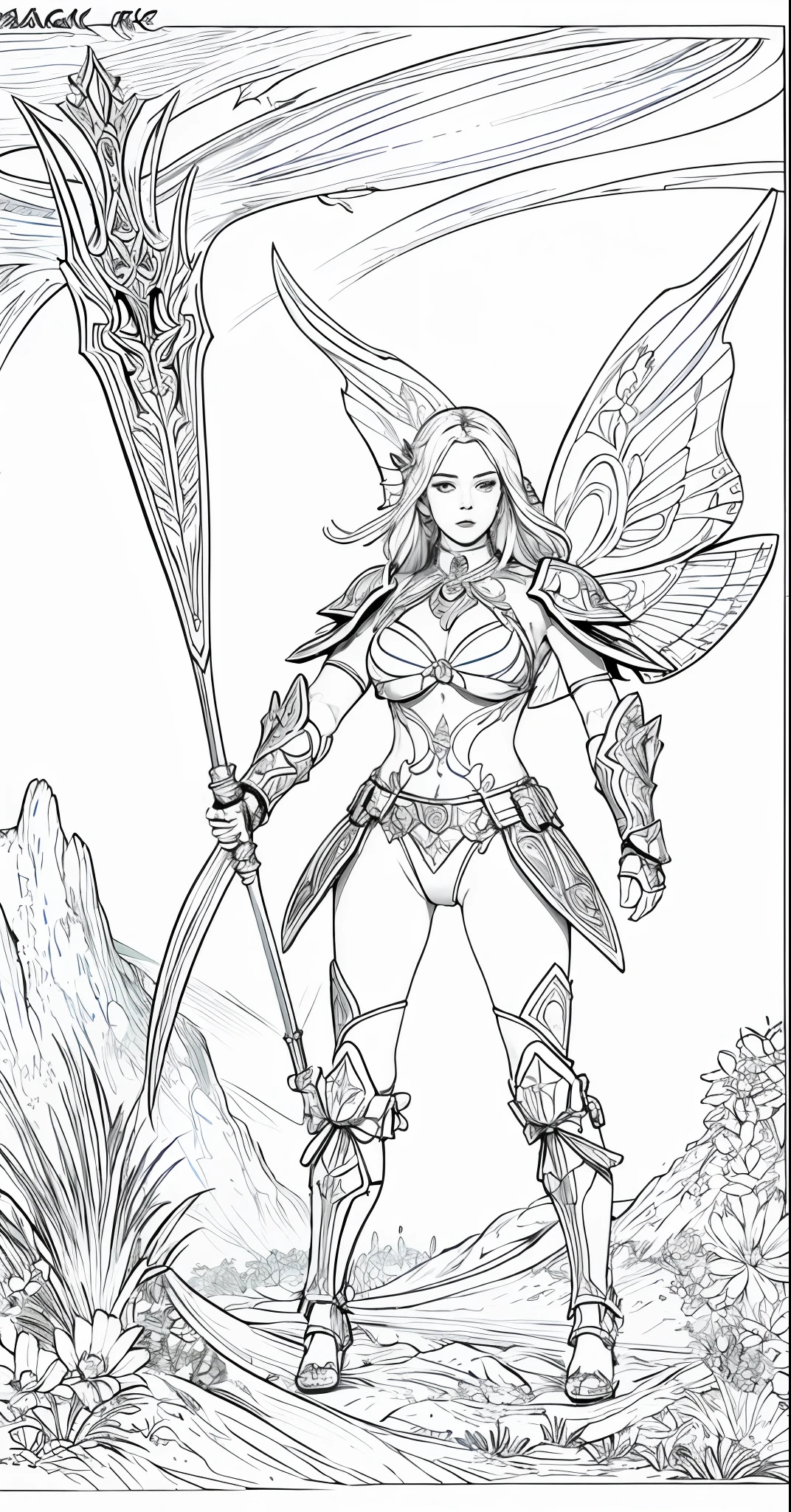 [bikini armor] +[Big-breasted female warrior]+ [Transparent background] + [monochrome，Strong lines, Detailed outline] + Graphics engine Leonardo diffusion, Rendering engine Leonardo style, Hint Magic v2,  full bodyesbian，Doji，butterflys