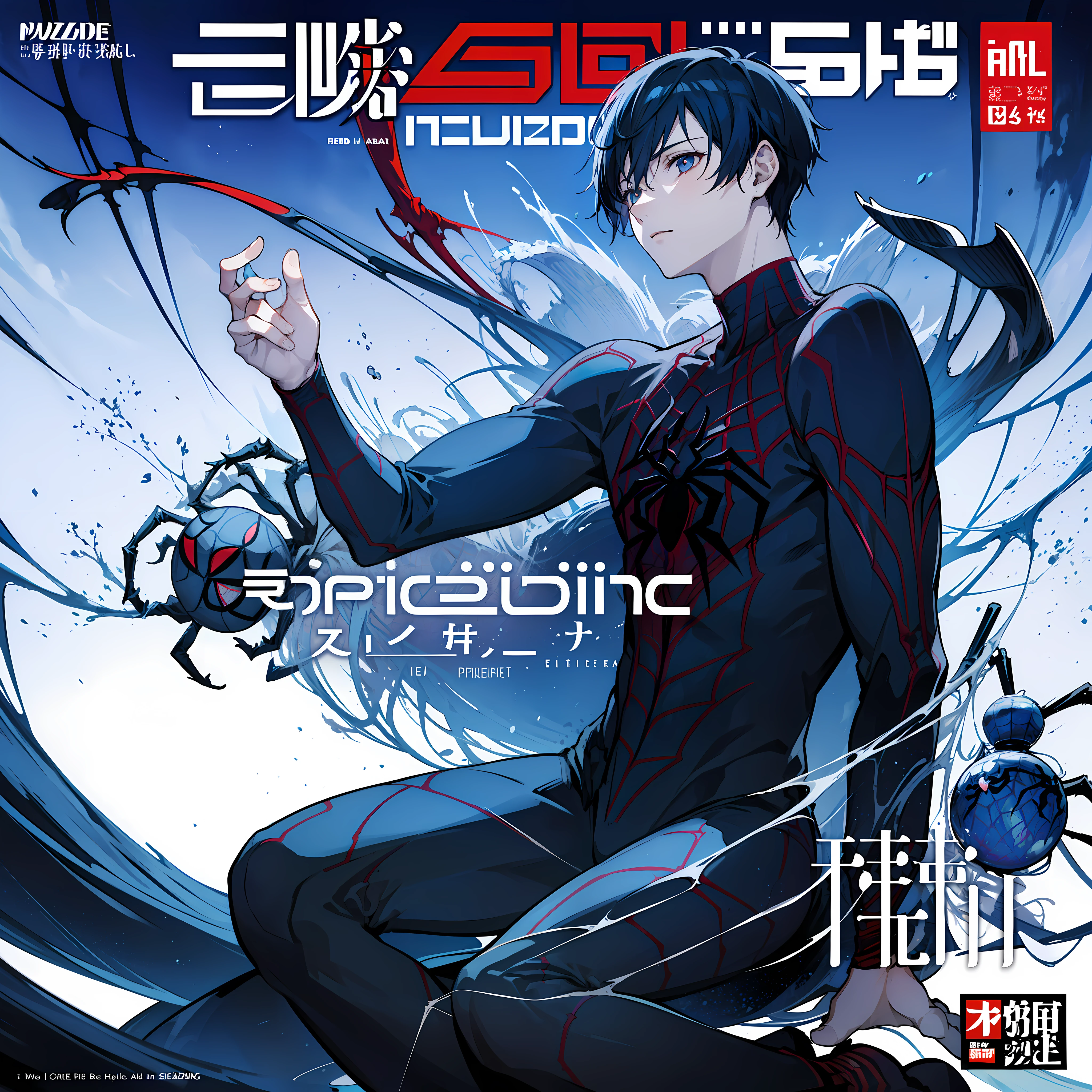 masterpiece, best quality, full body, (1boy), ((spider suit,)) (spider web print,) spider web, (Boy Messy Japanese Round Haircut for Thick Hair), (blue hair), ((solo)), (magazine:1.3), (cover-style:1.3),