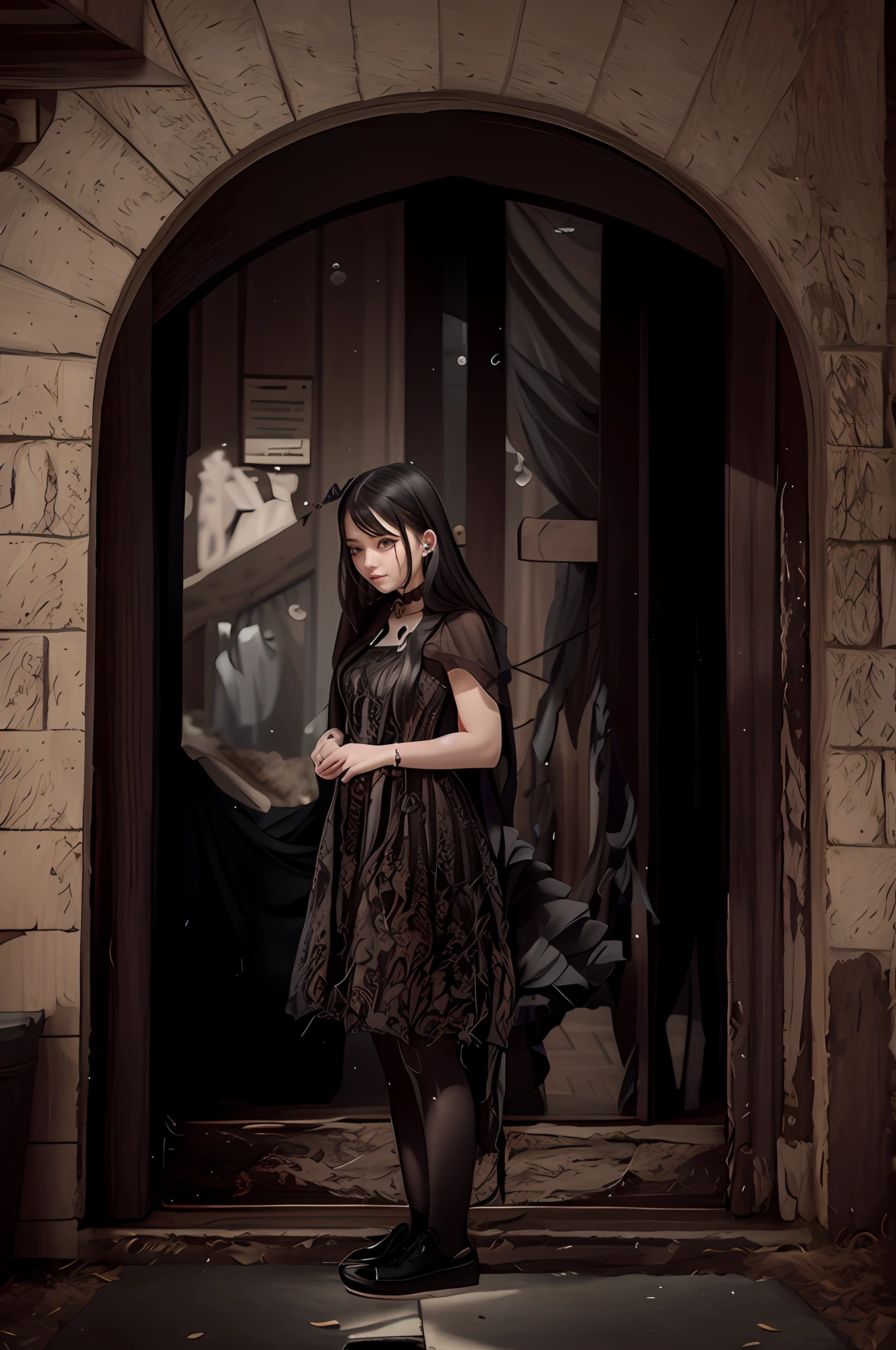 there is a woman standing in front of a door holding a cat, wearing a gothic dress, dreamy gothic girl, taken with canon eos 5 d, wearing modern gothic clothes, dark gothic dress, an elegant gothic princess, taken with a canon eos 5d, taken with a canon eos 5 d, black gothic lolita dress, gothic dress, gothic style, gothic girl