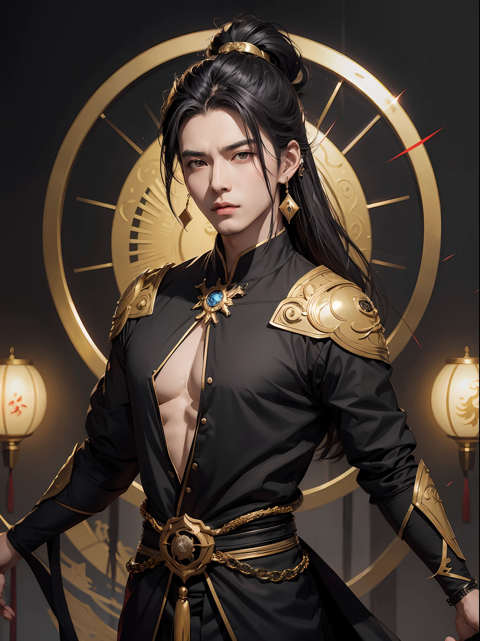 anime, a man with a black hair and a black suit and gold earrings, by Yang J, handsome guy in demon slayer art, keqing from genshin impact, zhongli from genshin impact, heise jinyao, extremely detailed artgerm, fanart best artstation, detailed digital anime art, beautiful androgynous prince, stunning anime face portrait