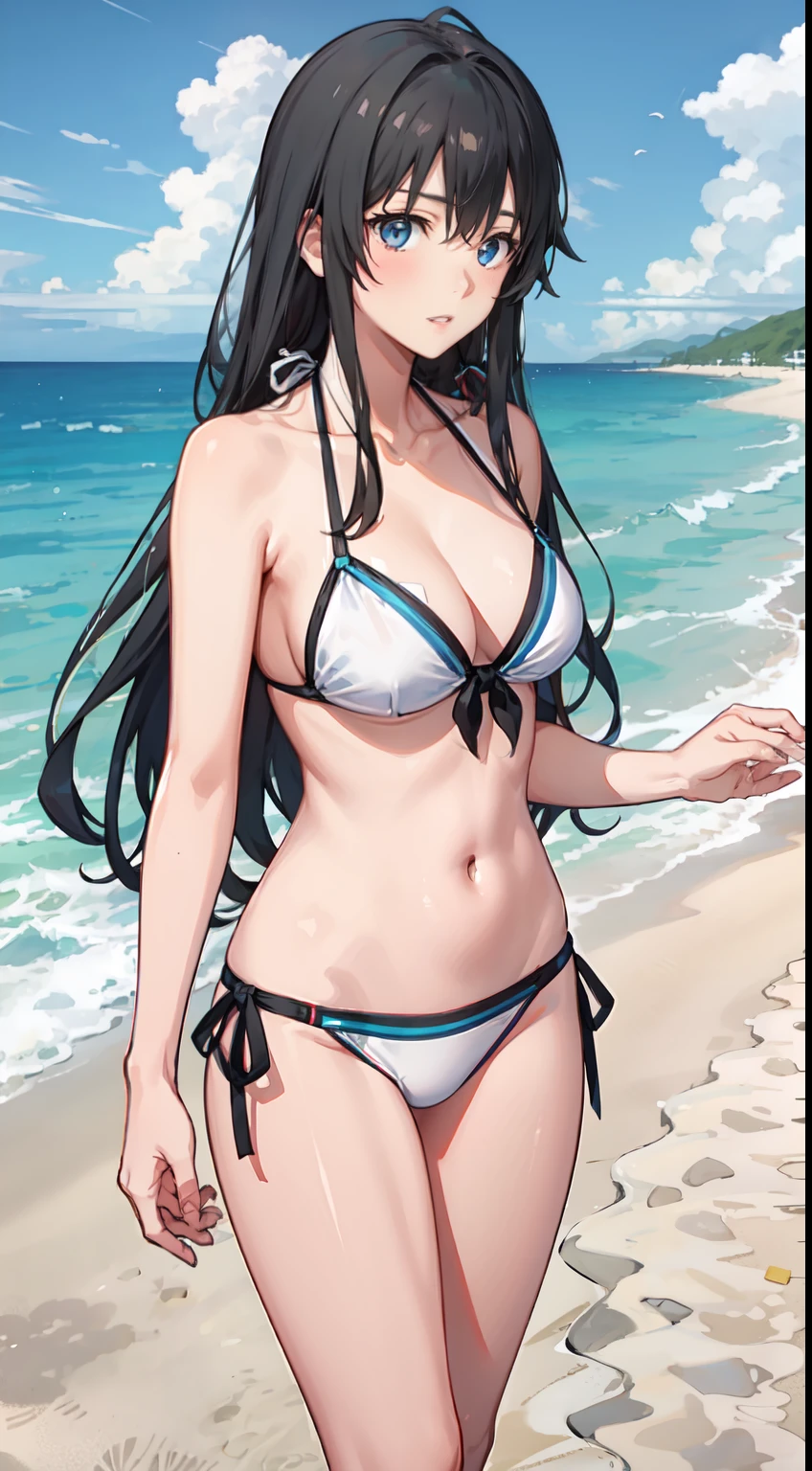 Yukino yukinoshita, long hair, cleavage, navel, slim legs, black hair, blue eyes, white side tie bikini, beach, teen body, nervous