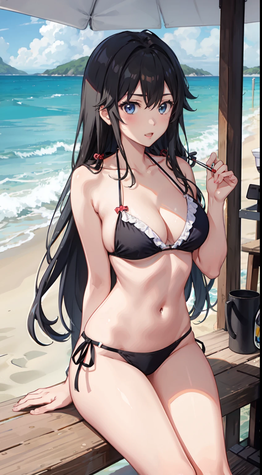 Yukino yukinoshita, long hair, cleavage, navel, slim legs, black hair, blue eyes, white side tie bikini, beach, teen body, nervous