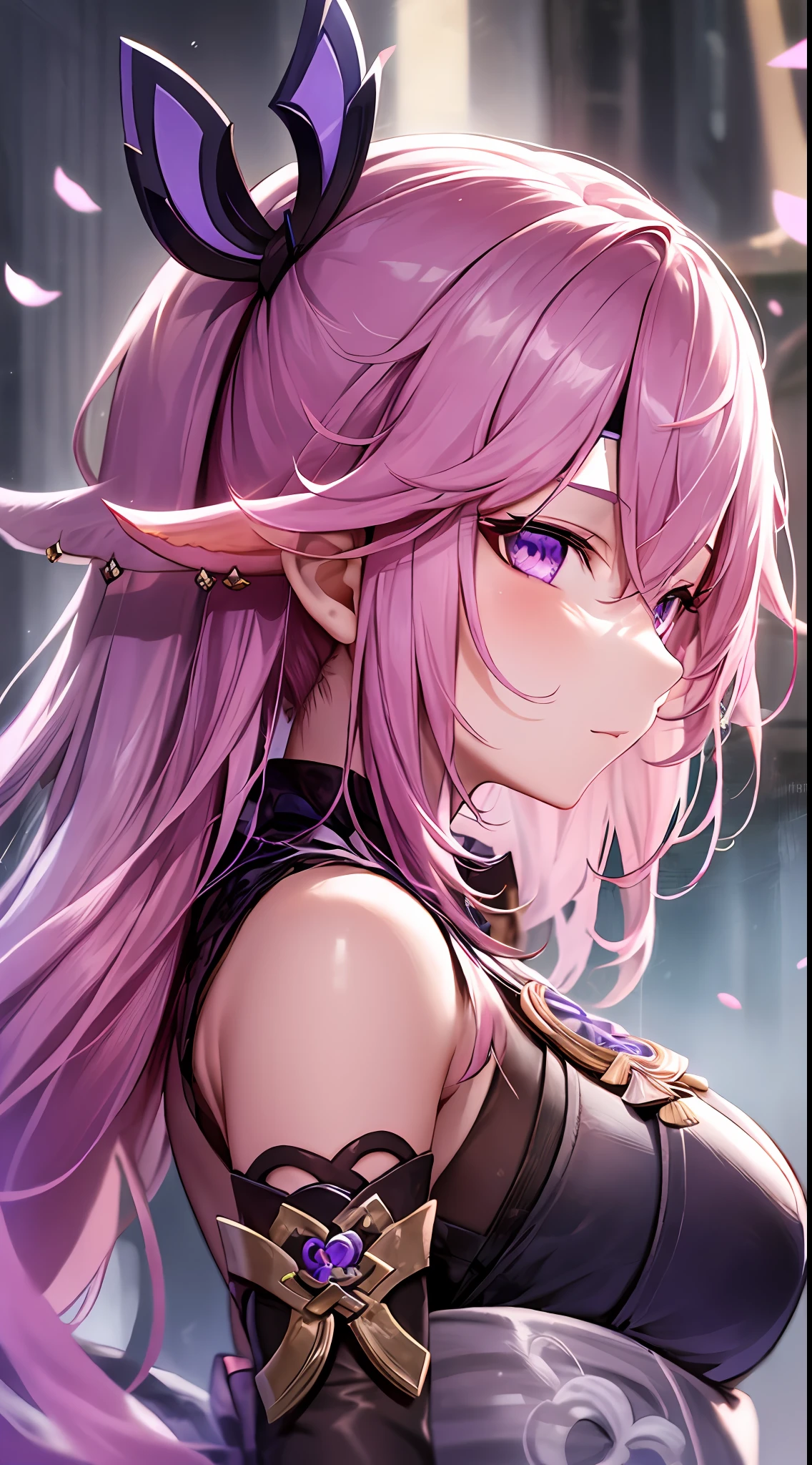 Mast, best quality, 1 girl, yae miko \ (Genshin Impact), pink hair, purple eyes, long hair, headband, hair accessories, looking at the audience, from the side,