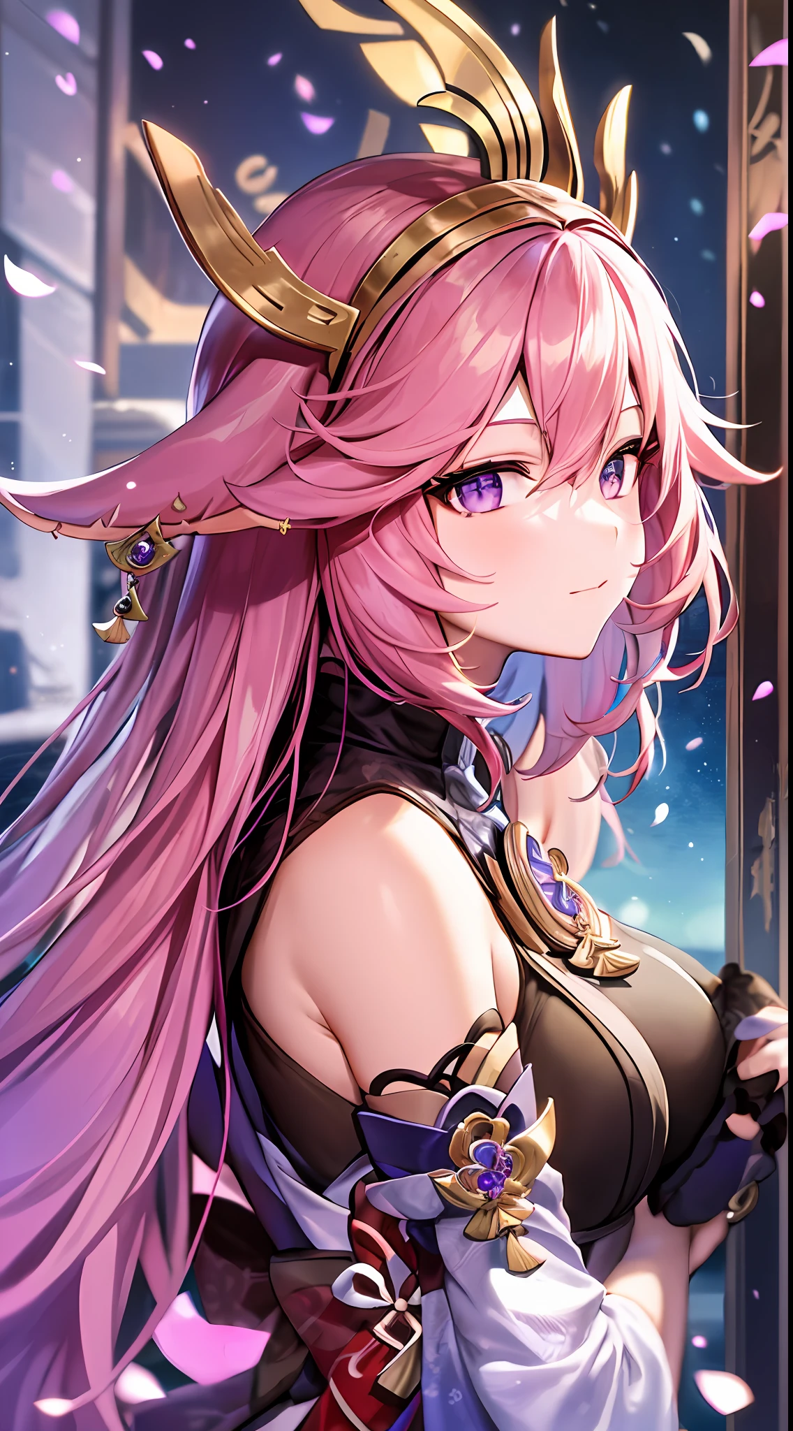 Mast, best quality, 1 girl, yae miko \ (Genshin Impact), pink hair, purple eyes, long hair, headband, hair accessories, looking at the audience, from the side,