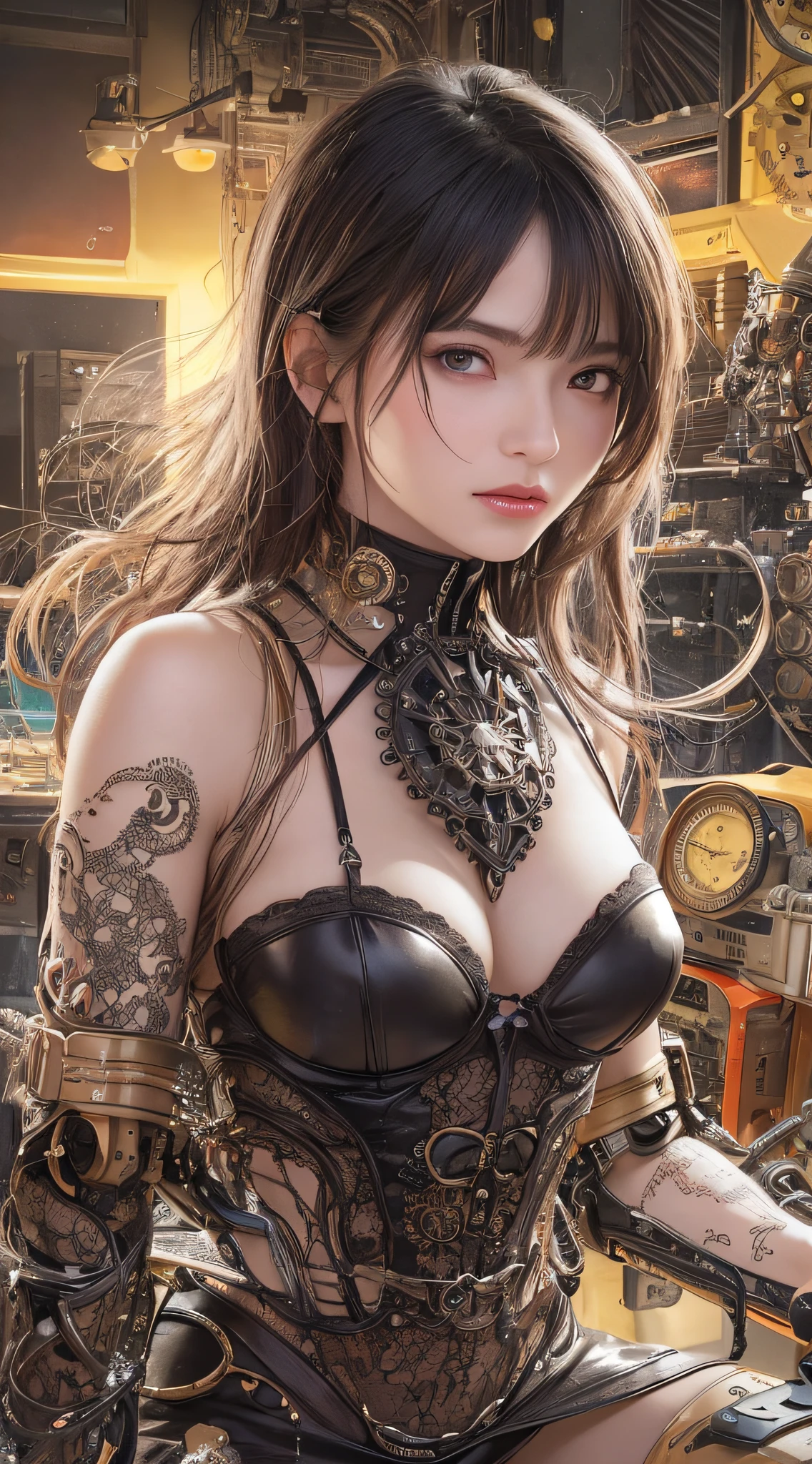 Top Quality, Masterpiece, Ultra High Resolution, (Photorealistic: 1.4), Raw Photo, 1 Girl, Black Hair, Glossy Skin, 1 Mechanical Girl, (Ultra Realistic Details)), Portrait, Global Illumination, Shadows, Octane Rendering, 8K, Ultra Sharp, Big, Cleavage Exposed Raw Skin, Metal, Detail of Intricate Ornaments, Steampunk details, Matsumoto meter, meter, vacuum tube, nixie suga, oil pressure gauge, glass tube, analog meter, gears, golden hydraulic cylinder, very intricate detail, realistic light, CGSoation trend, purple eyes, glowing eyes, facing the camera, neon details, mechanical limbs, blood vessels connected to tubes, mechanical vertebrae attached to the back, mechanical cervical attachment to the neck, sitting, wires and cables connecting to the head, Evangelion, small LED lamps,
