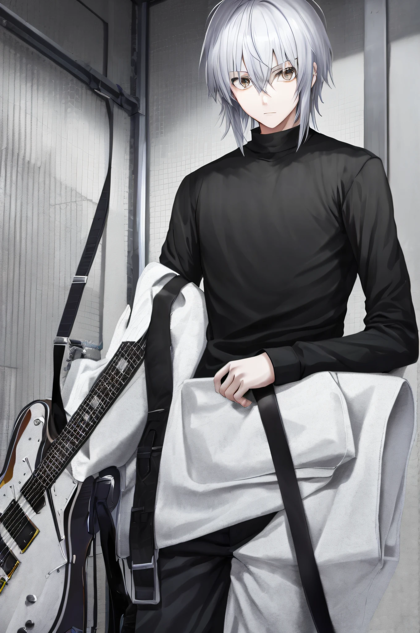 Male high school students: Silver hair, , short detailed hair, White eyes, Bored, Moe anime style, hyper HD, High details, Best quality, A high resolution,Rock musician height 185,with a well-proportioned body,Black sweatshirt,black long pants