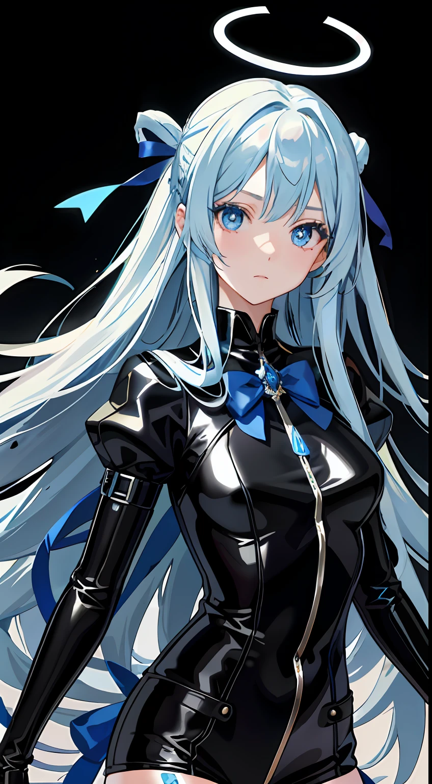 The girl was expressionless,, Animate, The upper part of the body_Body, Very long hair, hair intakes, Blue hair flutters messily, Beautiful face, extremely detailed cute anime face, Blue eyes, bow ribbon, Halo,, Leather tights, detailed ice, Surreal,