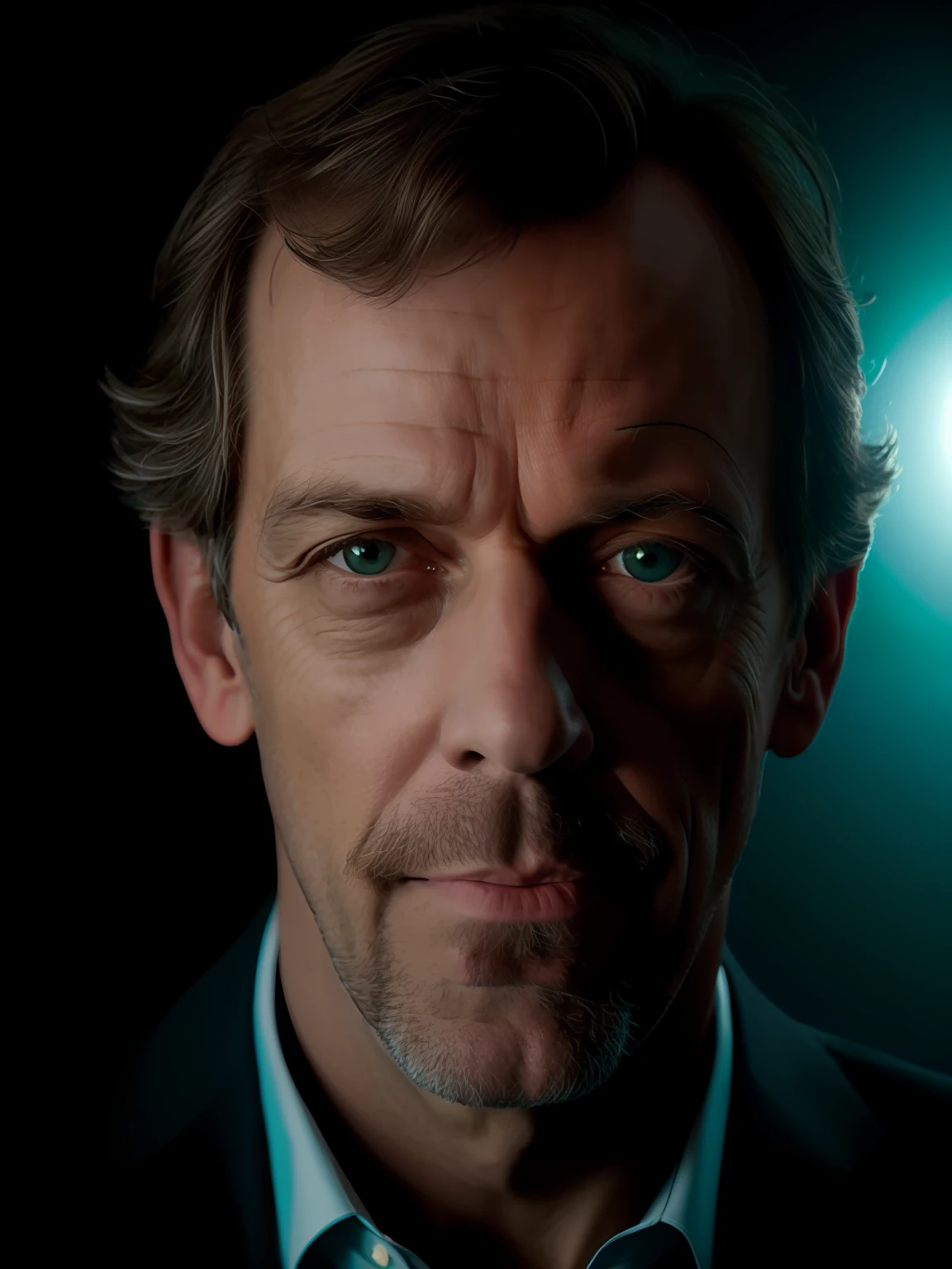 Close-up portrait of an award-winning photo of Hugh Laurie posing in a studio, (rim lighting,:1.4) dual-tone lighting, foco nítido, tom de teal, octana, irreal, mal iluminado, discreto,