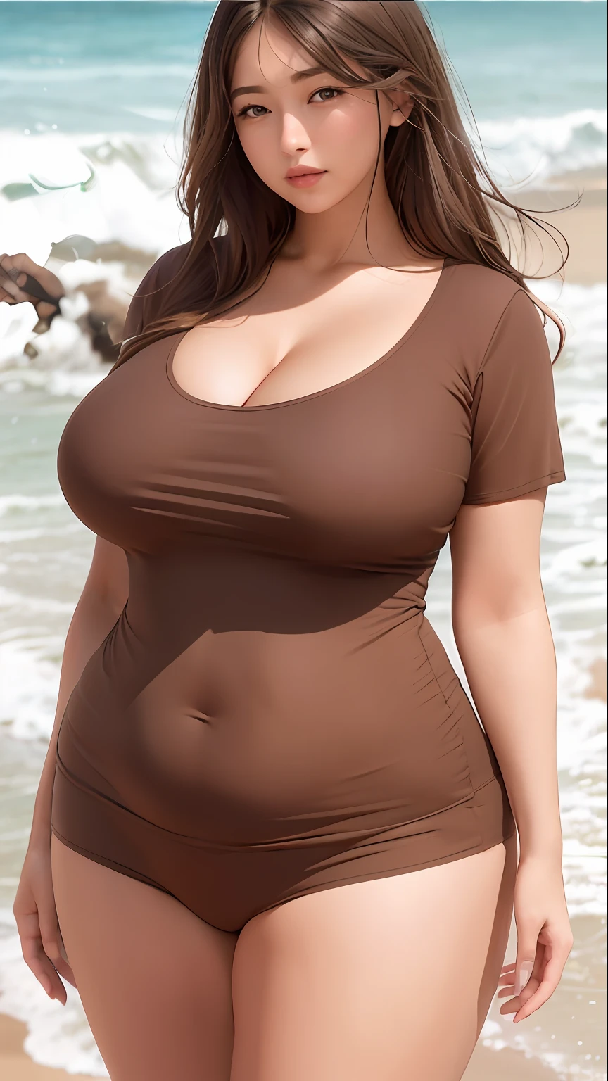 Close-up of a woman in a brown shirt on the beach, she has a jiggly fat round belly, curvy hourglass figure, soft curvy shape, thicc, photorealistic perfect body, Thick body, Curvy body, Tight shirt, wearing tight shirt, Curvy model, Beautiful curves, Curvy figure, bbwchan, Busty, Hourglass figure