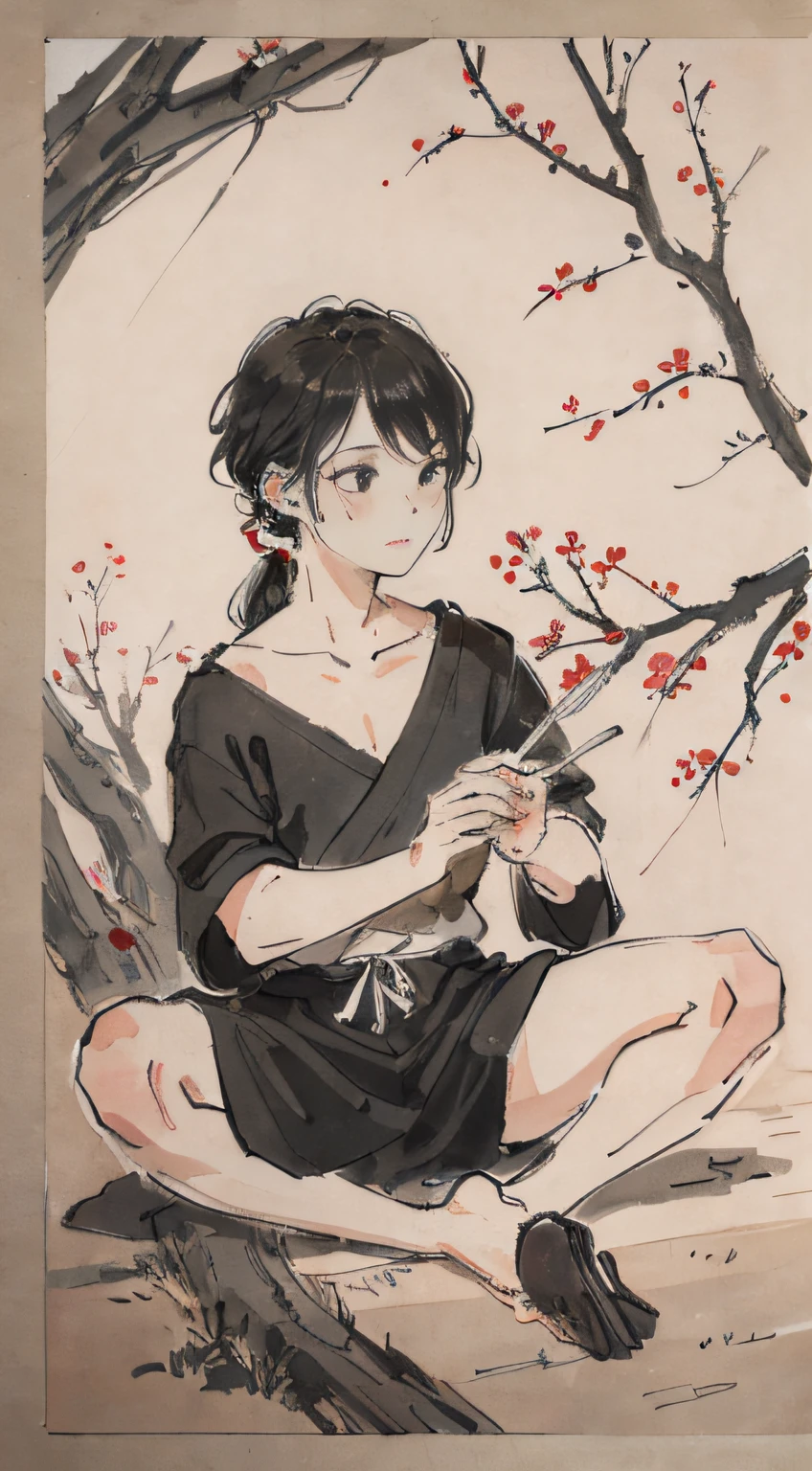 (masterpiece, best quality: 1.2), traditional Chinese ink painting, two children