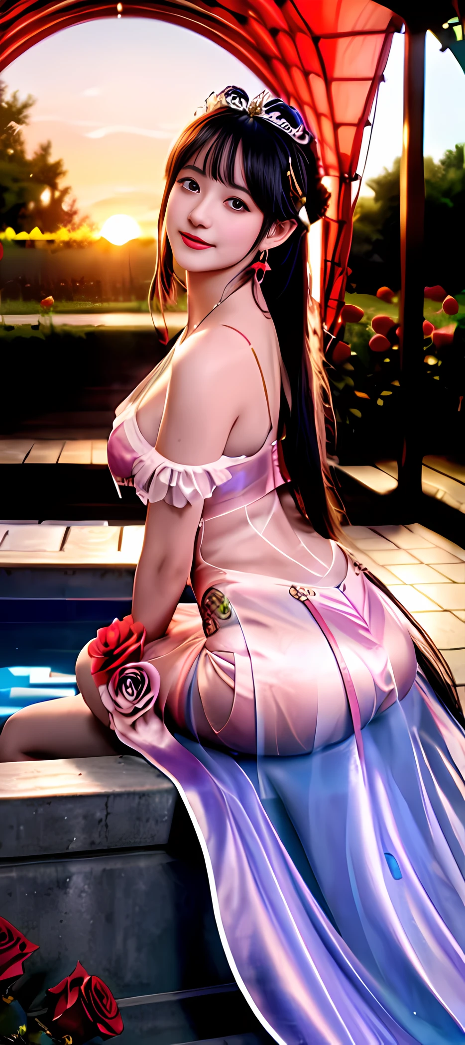 Alafed woman sitting on stairs with hose and water hose, squatting down next to a pool, Young skinny gravure idol, Young Gravure Idol, Realistic Young Gravure Idol, mayuri shiina, Young Pretty Gravure Idol, Young Sensual Gravure Idol, Sporty, 奈良美智, chiho, Add_detail:1 full-length photo of the most beautiful artwork in the world, medieval princess, ((Long Princess Rob)) Professional majestic oil painting, lashing, high detal, foco nítido, ((((depth of fields))), (((((Slim body)))),20 years old, Twilight rays, lingerie, (((Rose Tunnel))), Rose Front Blur, Bokeh, Photorealistic, Surrounded by colorful roses, ((Smiling)))))), (Mouth closed)))),(1 girl), (taur_Boy_shot:1.5), ( Sunset:1.3), (8K, Raw photography, masutepiece:1.2), (Realistic, Photorealistic:1.37), Best Quality, (Standing in a flower garden:1.3), (Vivid and colorful:1.3), realisticity: 1.2), best quality, masterpiece, highres, super detail, ultra detail, cg, 1girl, weapon, sword, long hair, dress, water, solo, jewelry, red dress, earrings, hair ornament, splashing, upper body super realistis, hair bun, blue and pink hair, city backgraun super realistis and super detai, ultra detail, lighting,candid, Photograph, high resolution, 8k, 10k, Bokeh,