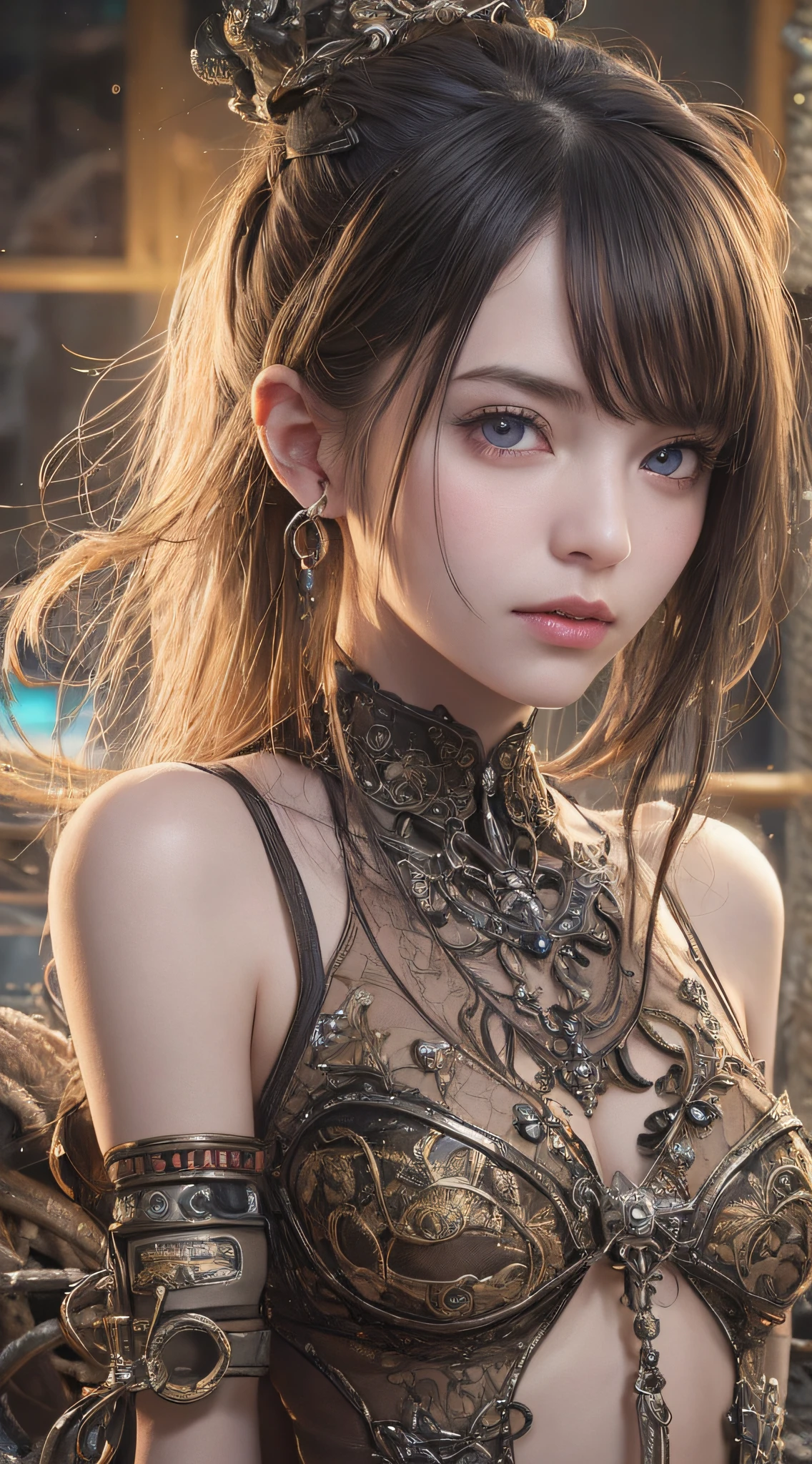 Top Quality, Masterpiece, Ultra High Resolution, (Photorealistic: 1.4), Raw Photo, 1 Girl, Black Hair, Glossy Skin, 1 Mechanical Girl, (Ultra Realistic Details)), Portrait, Global Illumination, Shadows, Octane Rendering, 8K, Ultra Sharp, Big, Cleavage Exposed Raw Skin, Metal, Detail of Intricate Ornaments, Steampunk details, Matsumoto meter, meter, vacuum tube, nixie suga, oil pressure gauge, glass tube, analog meter, gears, golden hydraulic cylinder, very intricate detail, realistic light, CGSoation trend, purple eyes, glowing eyes, facing the camera, neon details, mechanical limbs, blood vessels connected to tubes, mechanical vertebrae attached to the back, mechanical cervical attachment to the neck, sitting, wires and cables connecting to the head, Evangelion, small LED lamps,
