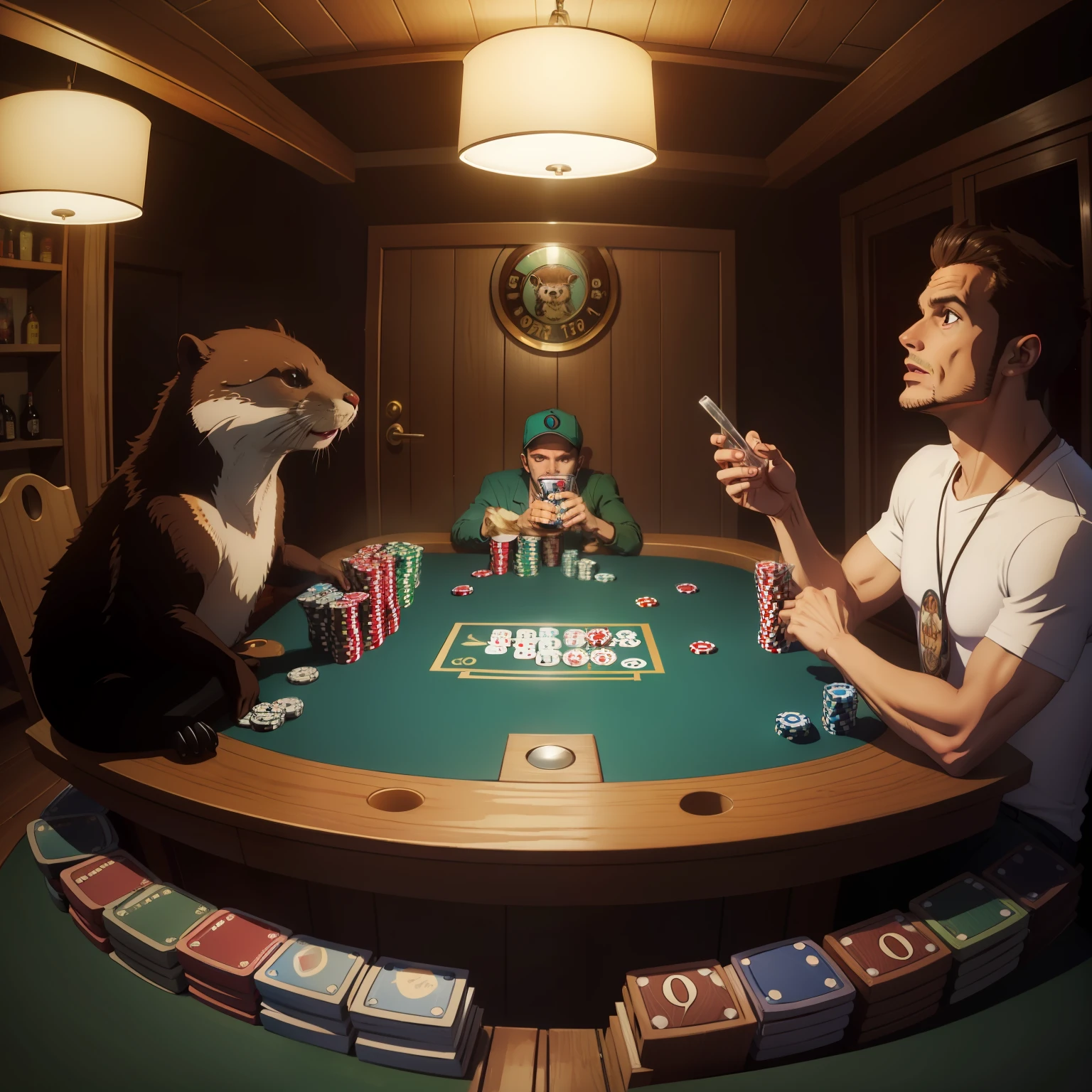 Otter playing poker while drinking in the house